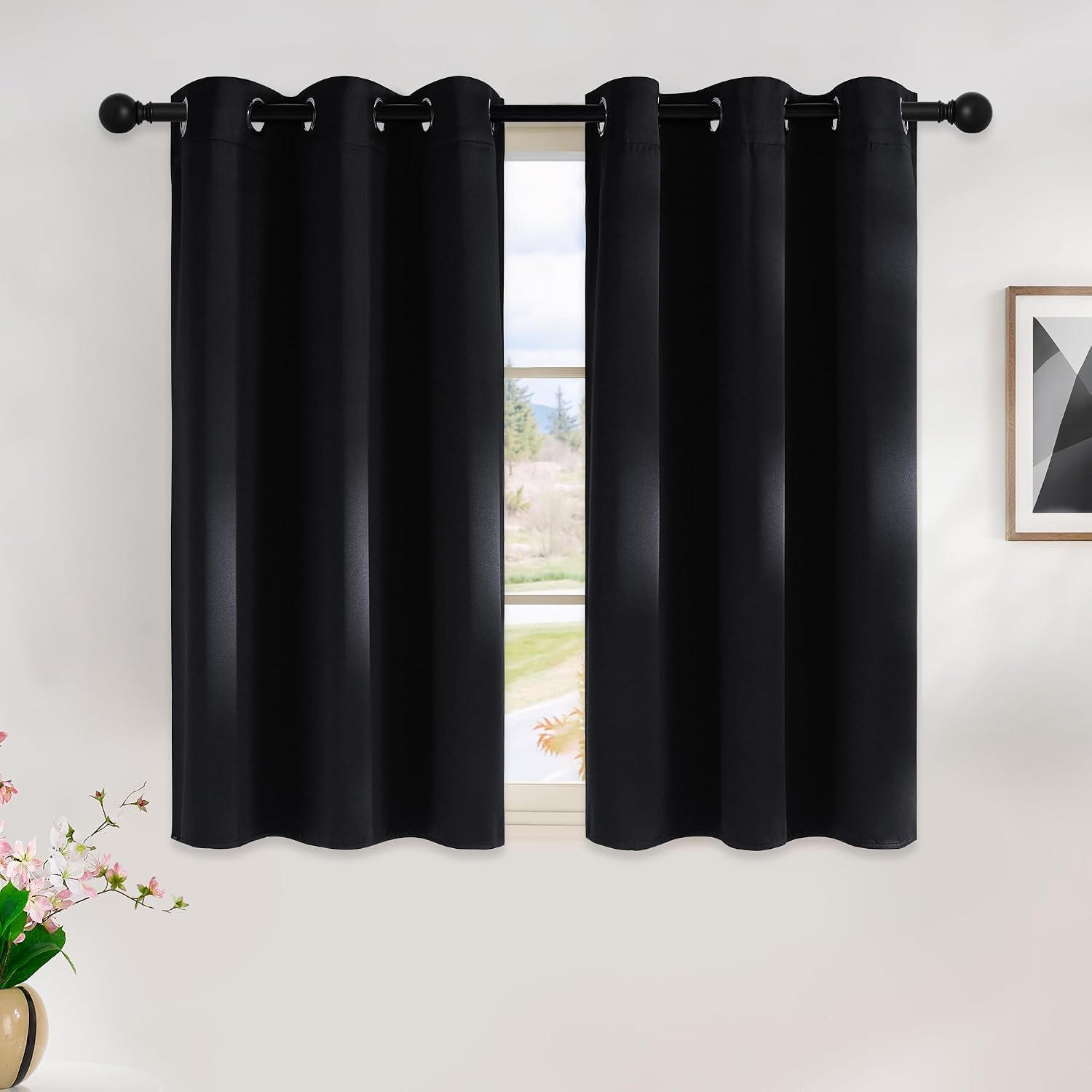 NICETOWN Blackout Curtains 45 Inches Long Kitchen Drapes, Black Solid Thermal Insulated Grommet Blackout Drapery Panels for Window (2…