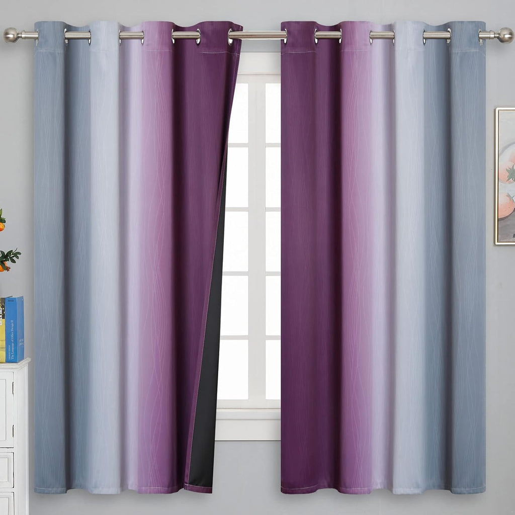 Estelartextiler Ombre Purple and Gray Blackout Curtains 63 Inch Length 2 panels, Full Room Darkening Grommet Thermal Insulated Gradient Dra…