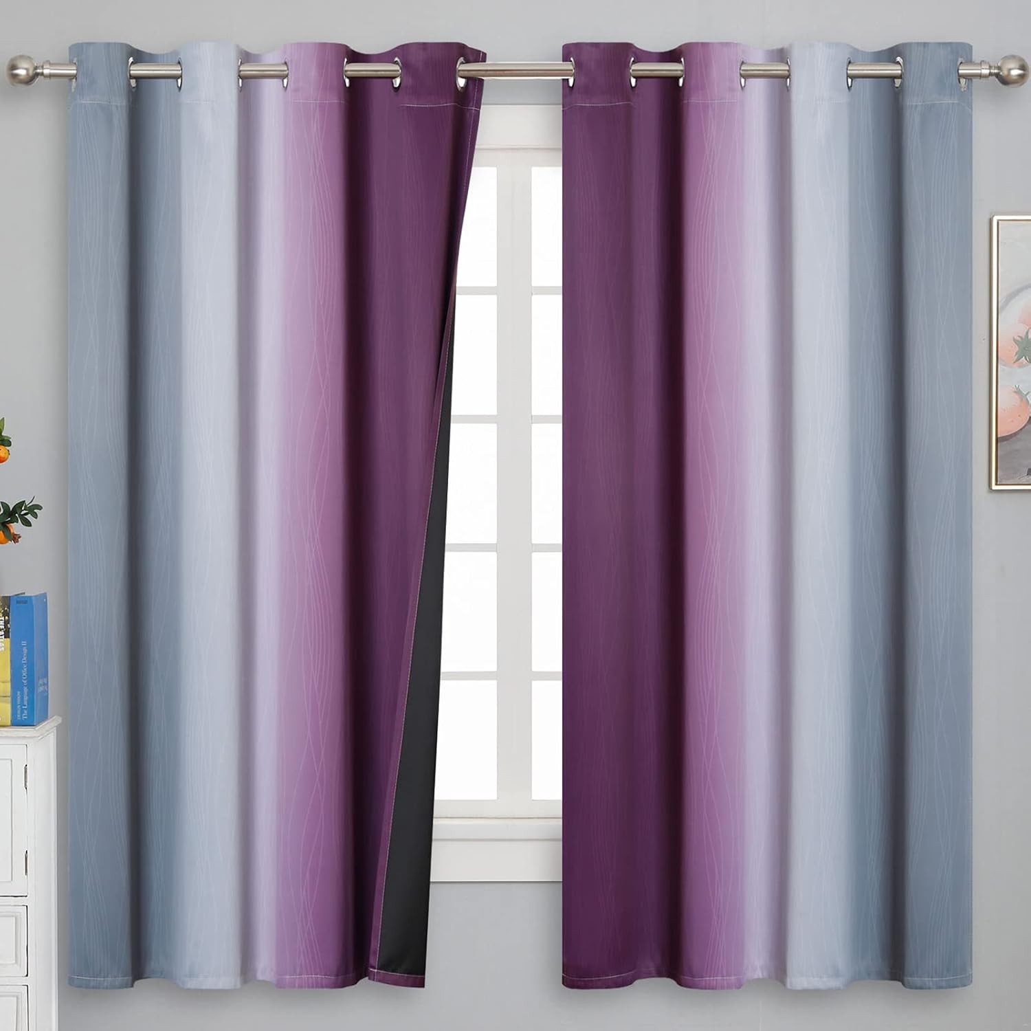 Estelartextiler Ombre Purple and Gray Blackout Curtains 63 Inch Length 2 panels, Full Room Darkening Grommet Thermal Insulated Gradient Dra…