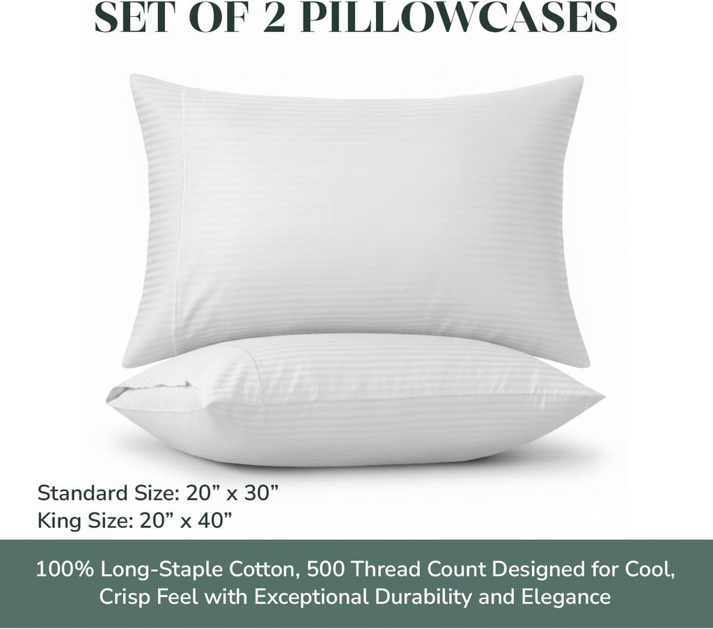 Featherstitchnewyork Feather & Stitch 100% Cotton King Pillow Covers Set of 2, 500TC Envelope Closure Pillowcases, Soft Luxury Damask Strip…
