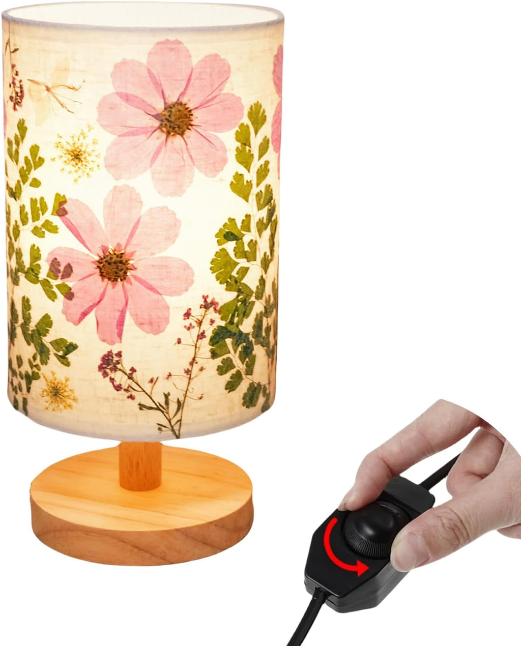 Dried Flowers Small Table Lamp 9W LED Dimmable Warm Light Pressed Flower Bedside Lamp Linen Shade with Wood Base for Bedroom Living Room…