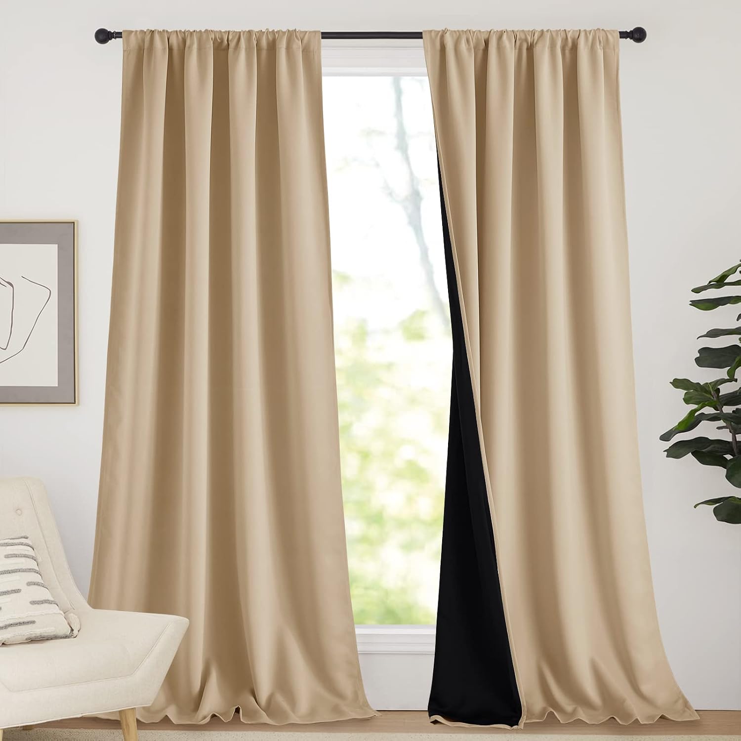 Nicetown Thermal Insulated 100% Blackout Curtains, Rod Pocket Noise Reducing Drapes with Black Lining, Full Light Blocking Drapery Panels f…