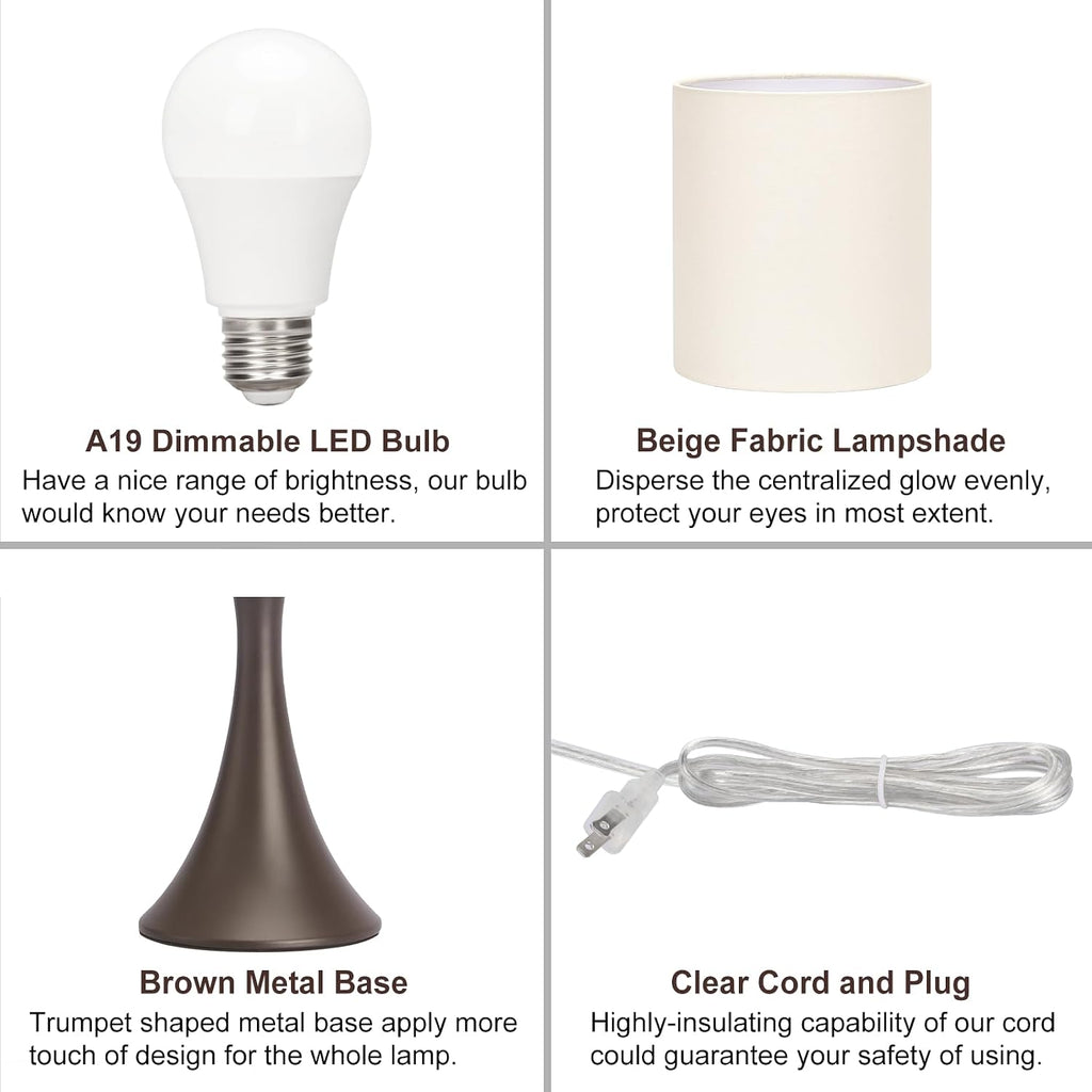 3 Way Touch Control Table Lamp, Modern Bedside Lamp Dimmable Nightstand Lamp with Beige Shade and Dark Brown Base, Small Desk Lamp for…