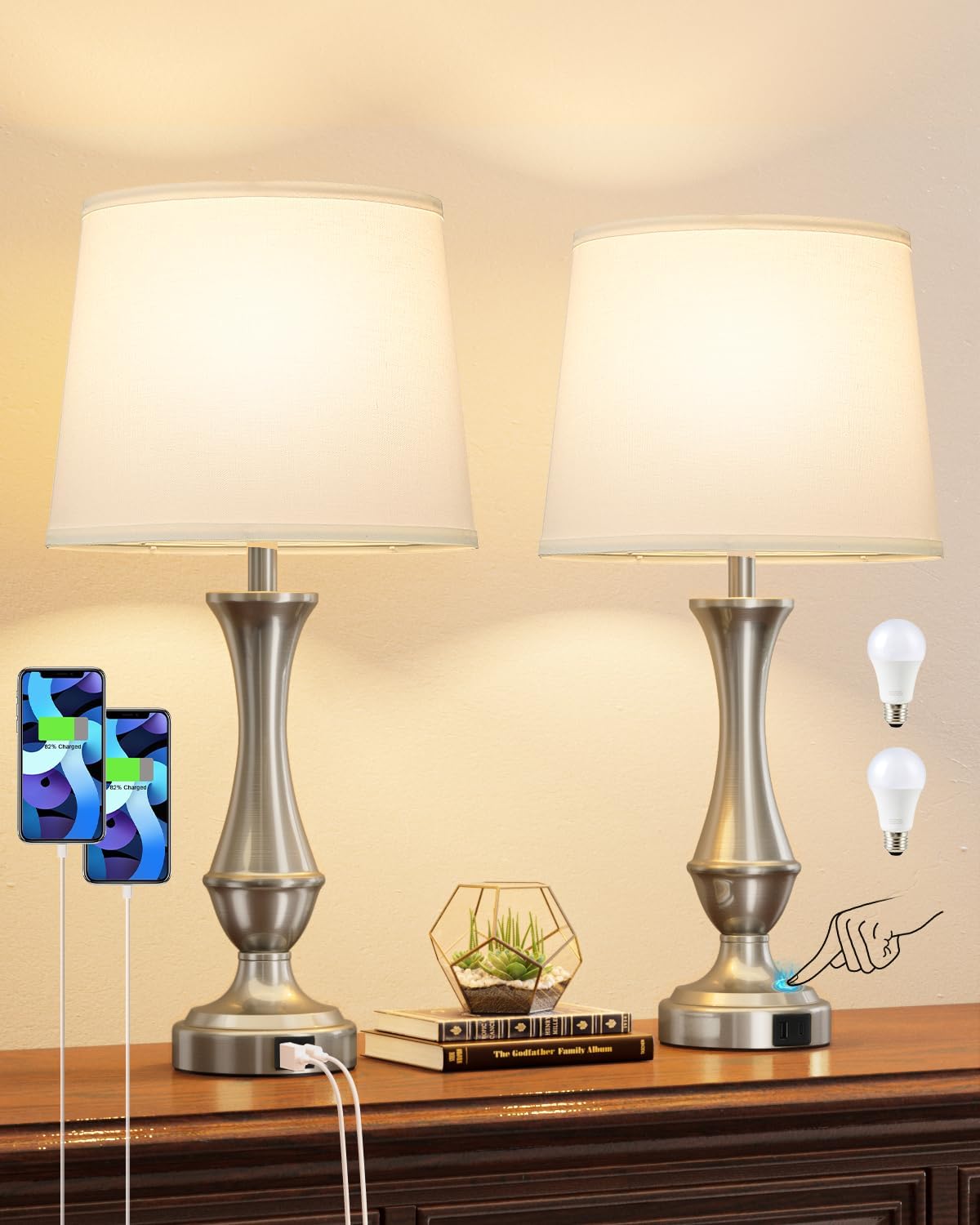 Seealle Upgraded Touch Lamps for Night Stands Set of 2 - Bedside Lamps with USB C+A, 3 Way Dimmable for Bedroom Living Room End Tables…
