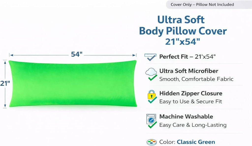 Evolive Ultra Soft Microfiber Body Pillow Cover/Pillowcases 21"x54" with Hidden Zipper Closure (21"x54" Body Pillow Cover, Classic Green)