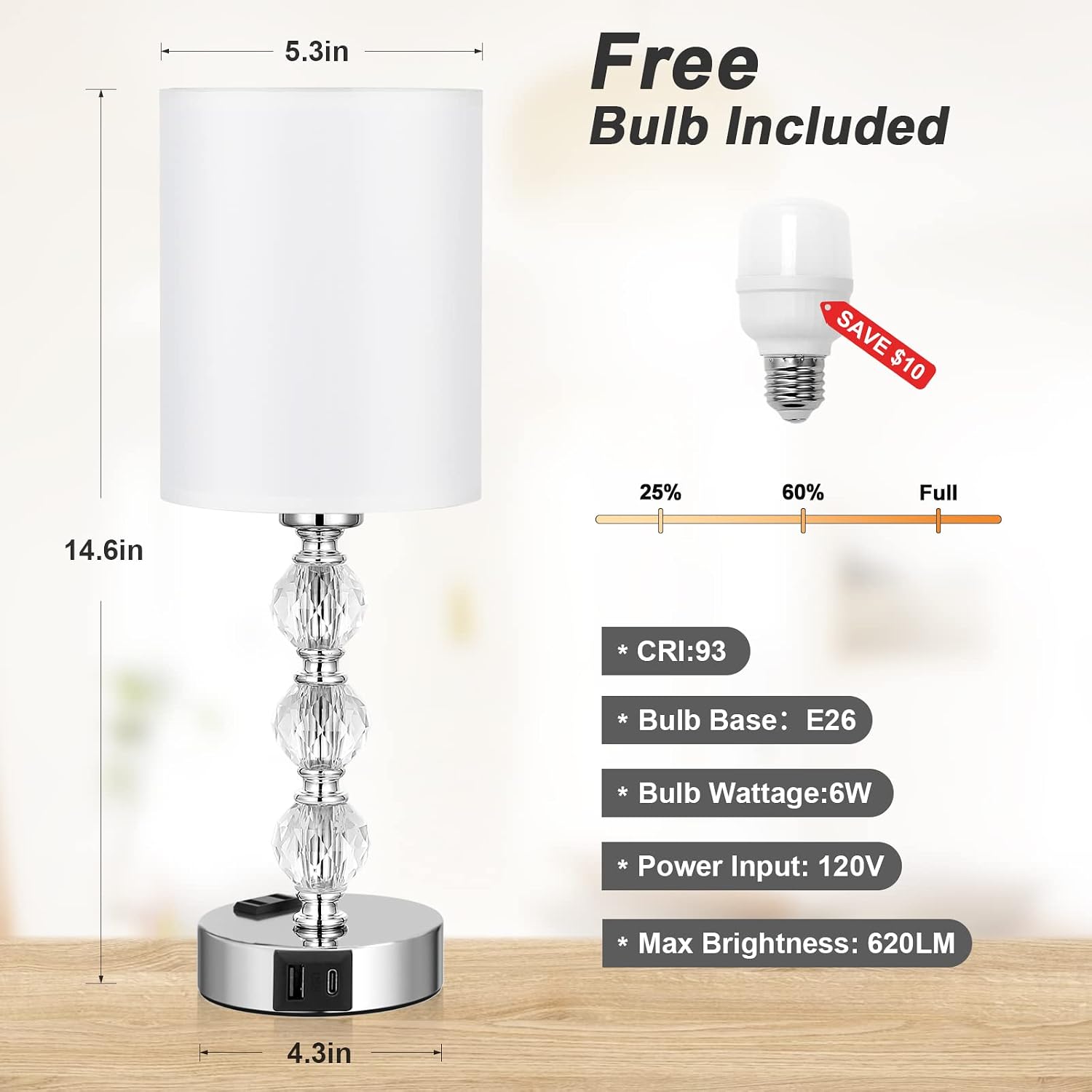 Touch Bedside Crystal Lamps for Bedrooms Nightstand with USB C+A Charging Port and AC Outlet White, 3 Way Dimmable Silver Small End Side…