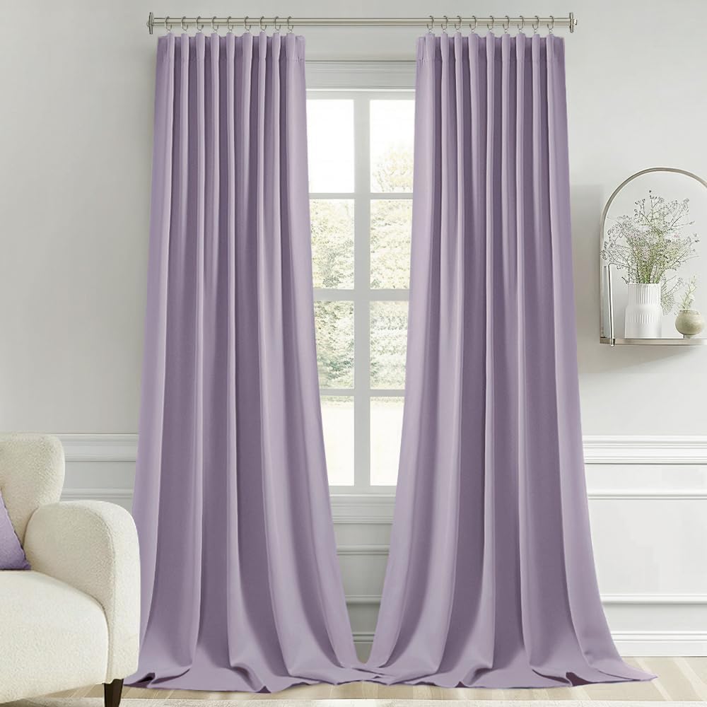 Miulee Lilac Back Tab Blackout Curtains 102 Inch Long 2 Panels Set for Bedroom, Rod Pocket/Pinch Pleated Thermal Insulated Living Room Dark…
