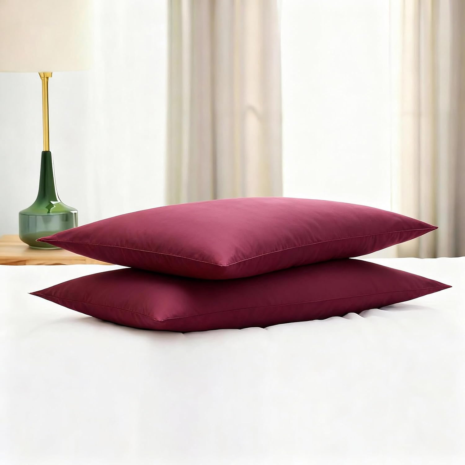 Flat Ultra Thin Bed Pillows Standard/Queen Size Pillow Set of 2 Extra Soft Down Alternative for Stomach Back Sleeper Burgundy
