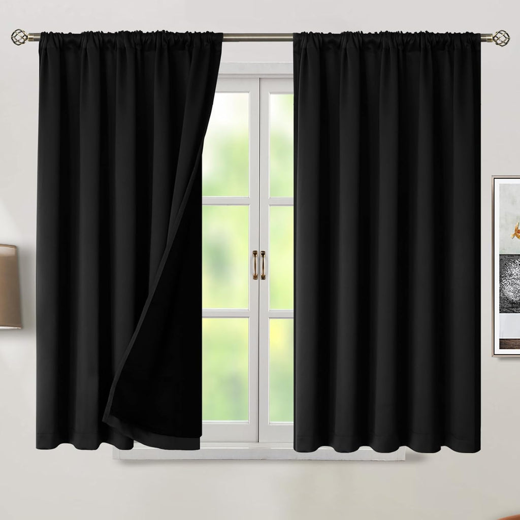 BGment Short Black Full Blackout Curtains with Liner Thermal Curtains 45 Inch Long, Rod Pocket and Back Tab Double Layer Black Out…