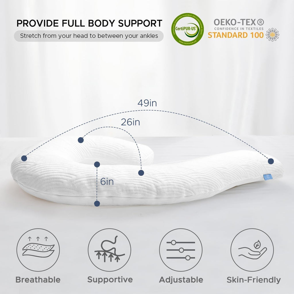 SchnauzerHome Body Pillow for Adults - Soft Long Bed Pillows - Shredded Memory Foam & Removable Washable Cover - Swan Shaped Side Sleeper P…