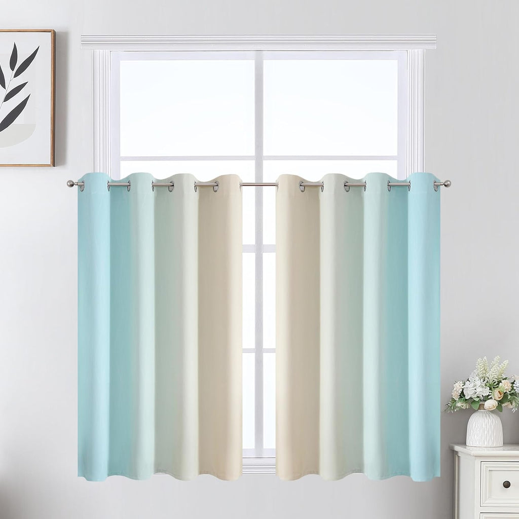 Estelartextiler Estelar Textiler Beige and Aqua Ombre Short Blackout Cafe Curtains 36 Inch Length, Thermal Insulated Grommet Small Half Win…