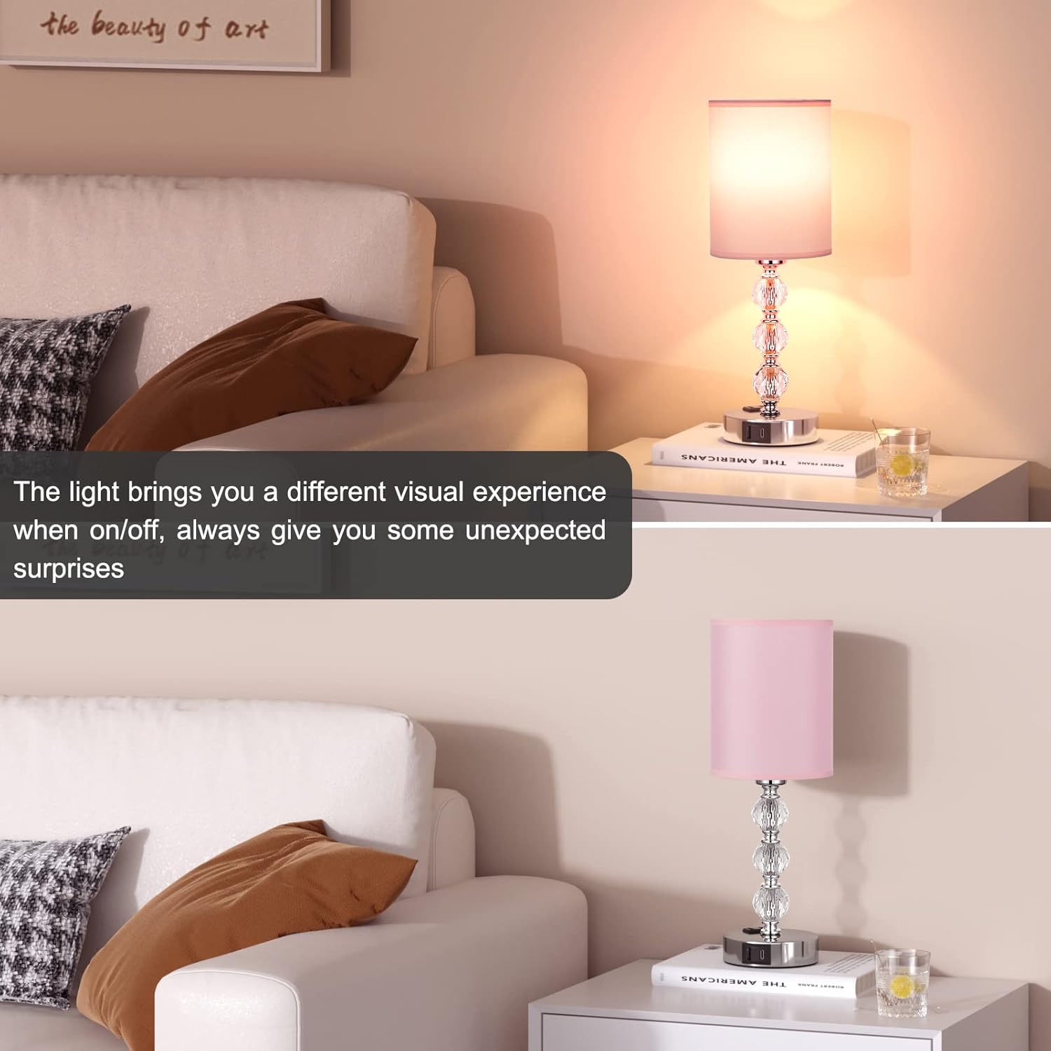 Pink Touch Bedside Lamps for Bedrooms - Crystal Table Lamp with USB C+A Charging Port and AC Outlet Nightstand, 3 Way Dimmable Silver…