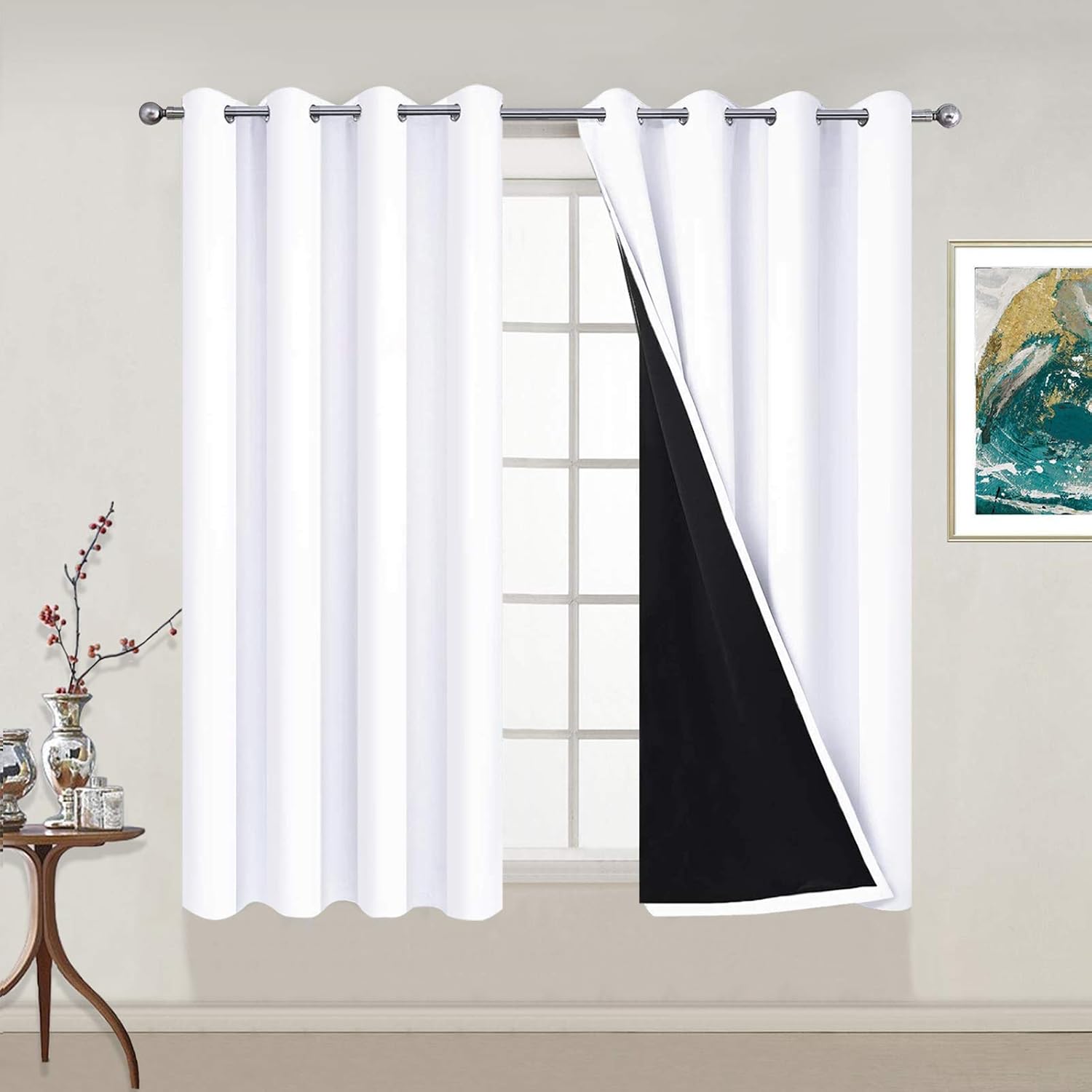 Yakamok Pure White 100% Blackout Curtains Energy Saving Thermal Insulated 2 Thick Layers Completely Blackout Drapes with Black Liner for Be…
