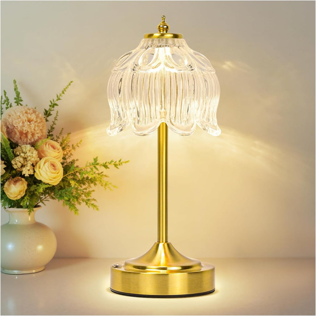 Cordless Lotus Flower Table Lamp, 5200mAh Rechargeable Battery Operated Portable Lamp, 3-Color Dimmable Touch Control Small Desk Lamp for…