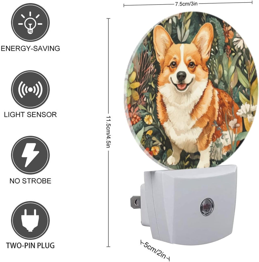 LED Night Lights Lamp with Dusk to Dawn Sensor, Lovely Smiling Corgi in The Flowers Night Light Plug Into Wall for Kids Room, Bedroom…
