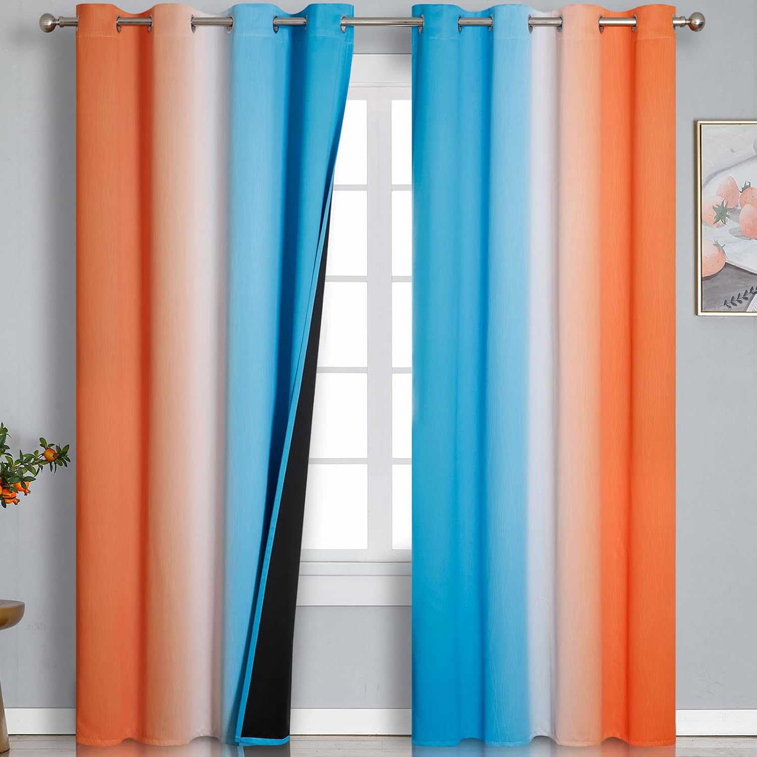 Estelartextiler Thermal Insulated Blue and Orange Curtains for Living Room, Complete Light Blocking Ombre Blackout Curtains for Bedroom, Fu…