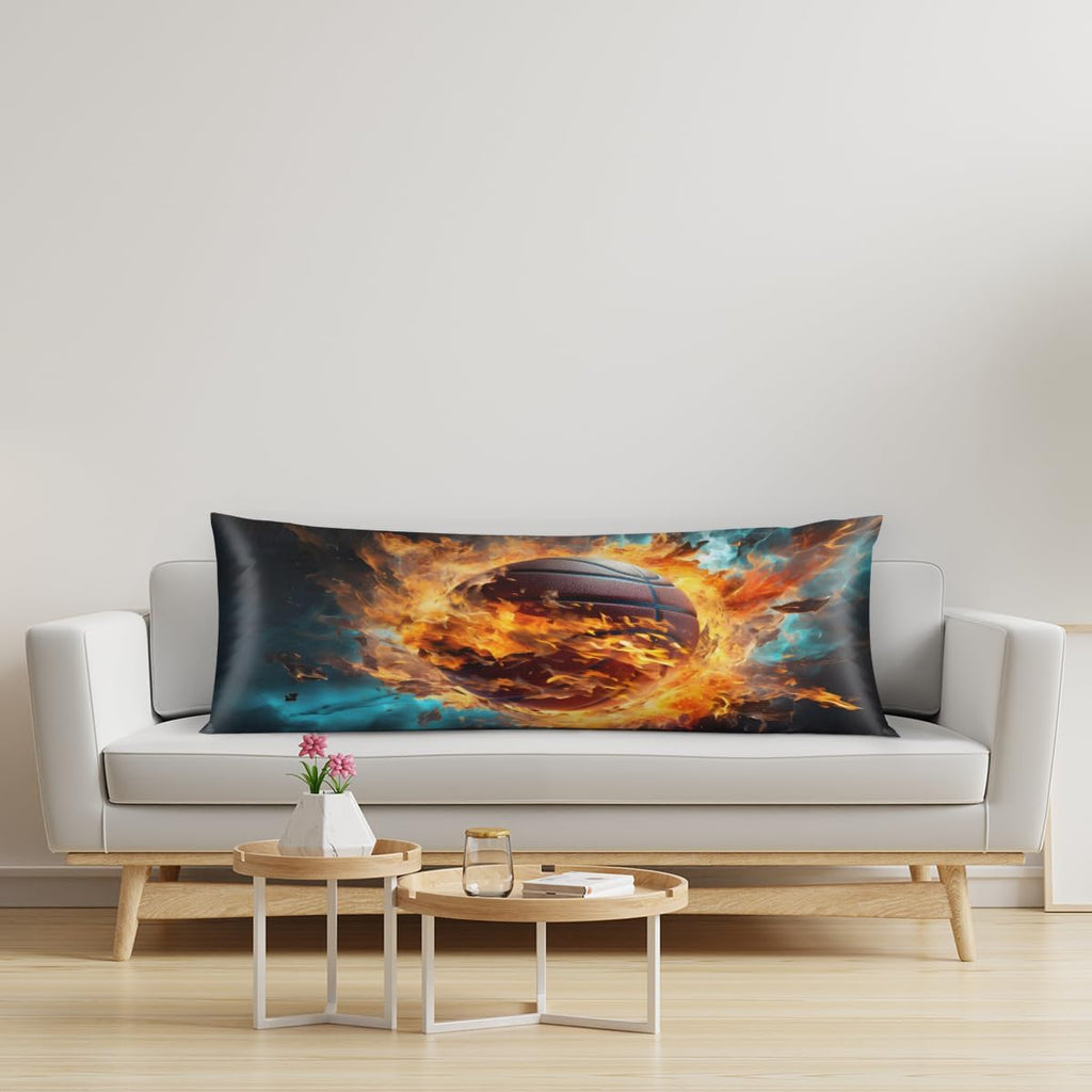 Aglebo Sports Fire Basketball Body Pillow Covers Super Soft Satin Decorative Pillowcase with Hidden Zipper Cooling Breathable Case Rectangl…