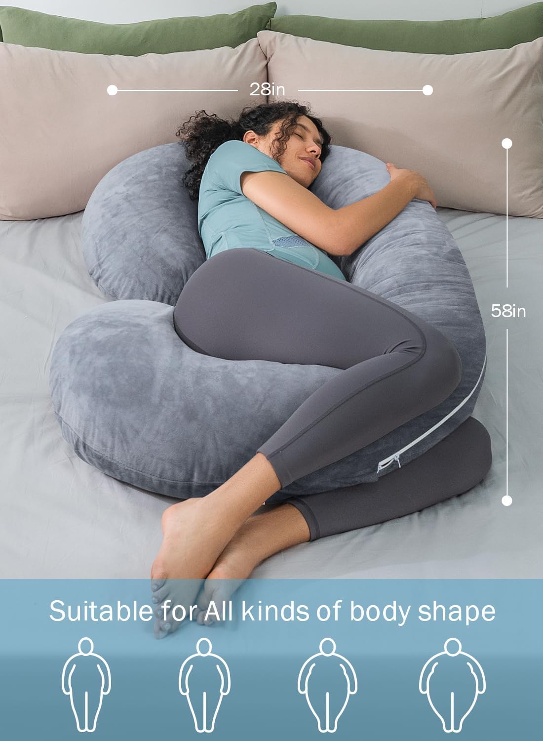 INSEN Pregnancy Pillow for Sleeping, Maternity Pillow with Jersey Cotton Cover, C Shaped Body Pillow for Pregnant (Gray)
