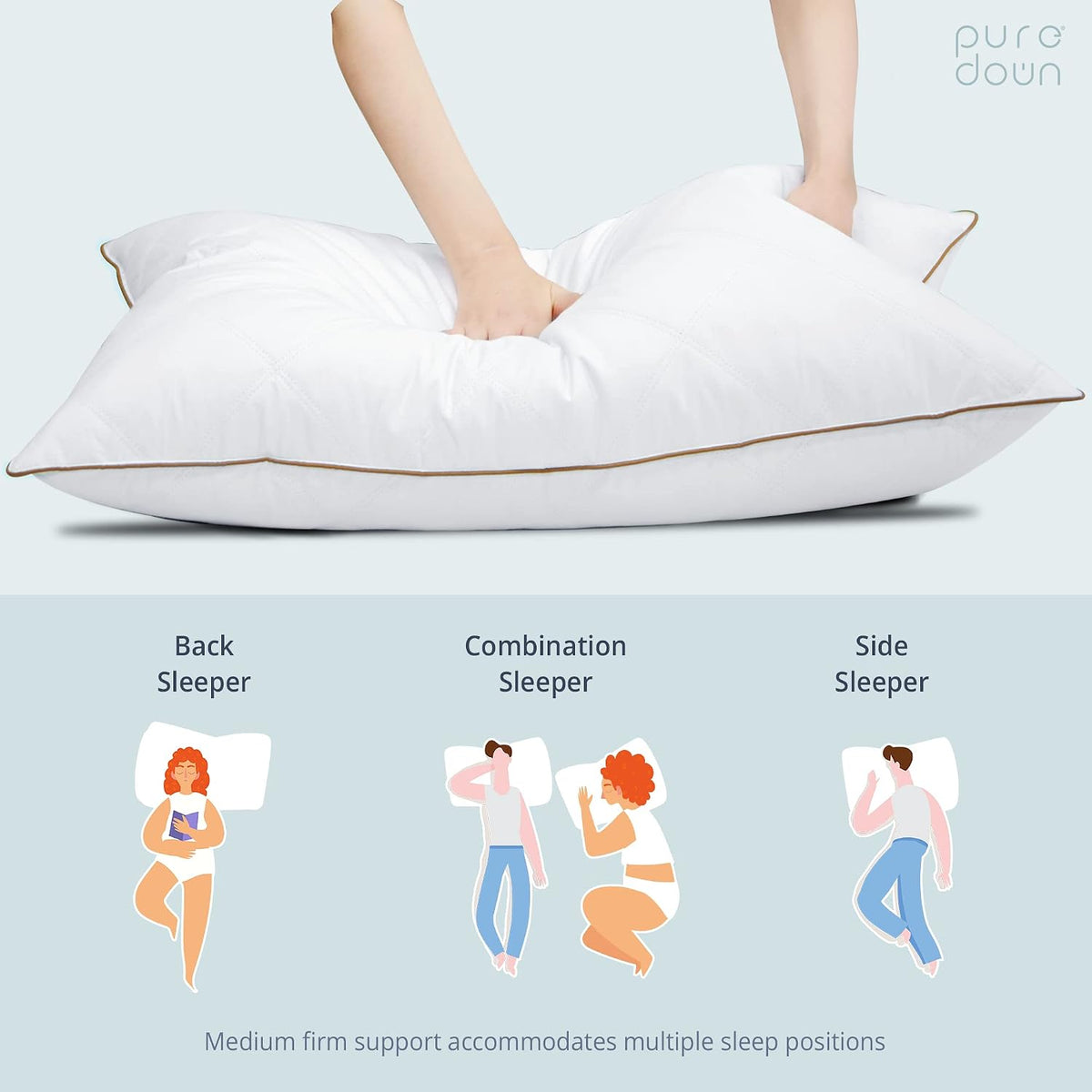 puredown® Goose Feathers and Down Pillow with Diamond Quilting with 100% Cotton Cover, Pack of 1, Queen Size