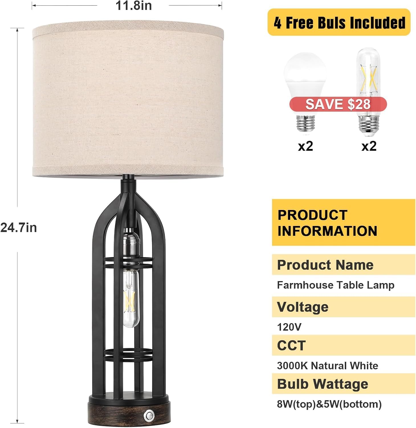 Seealle Table Lamps for Living Room - Black Bedside Lamp for Bedroom with USB C+A & Outlet, Farmhouse Lamps for Night Stands, 3-Way…