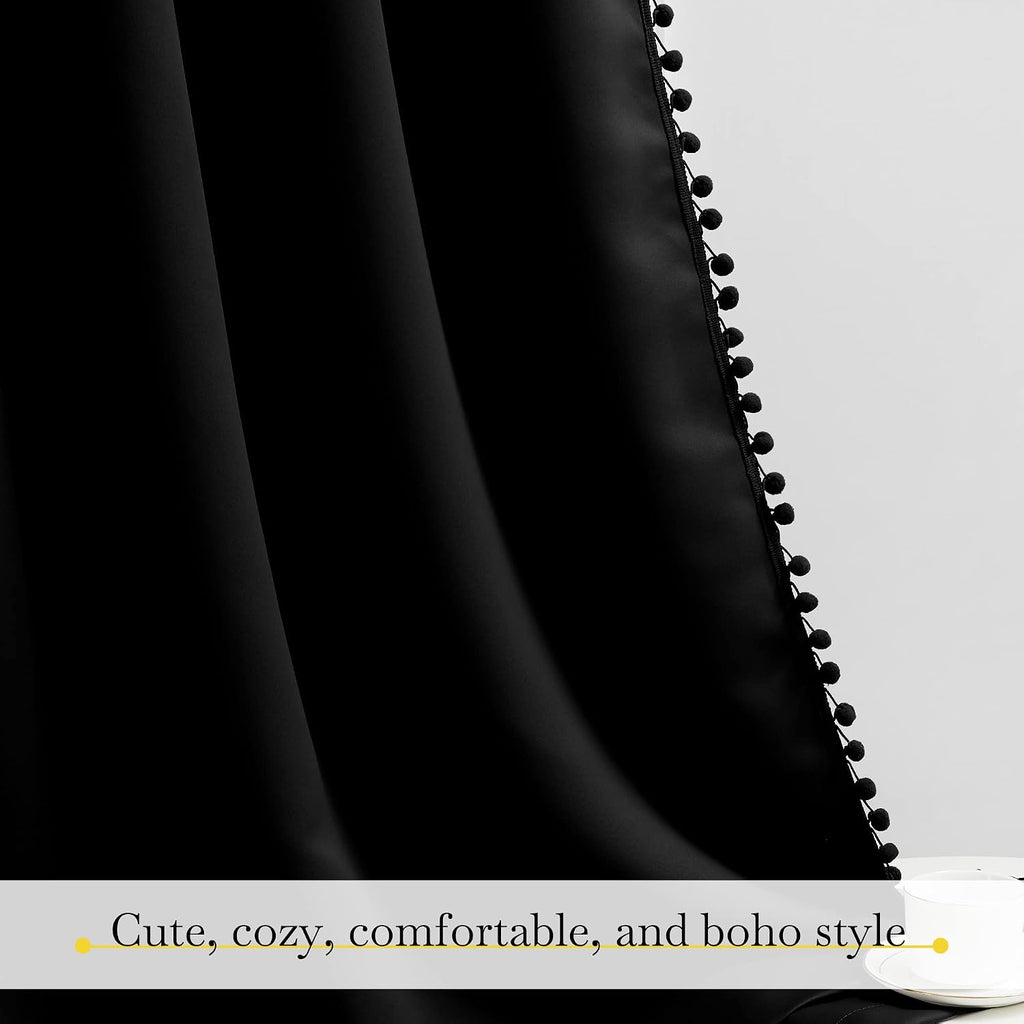 NICETOWN 2 Panels Blackout Curtains, Rod Pocket Pom Pom Curtains, Pretty Thermal Insulated Solid Farmhouse Drapes for Living Room, Patio…