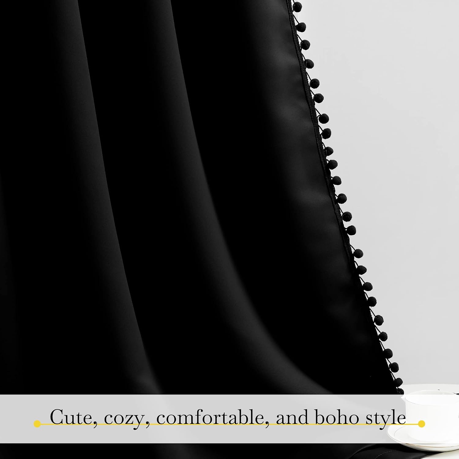NICETOWN 2 Panels Blackout Curtains, Rod Pocket Pom Pom Curtains, Pretty Thermal Insulated Solid Farmhouse Drapes for Living Room, Patio…