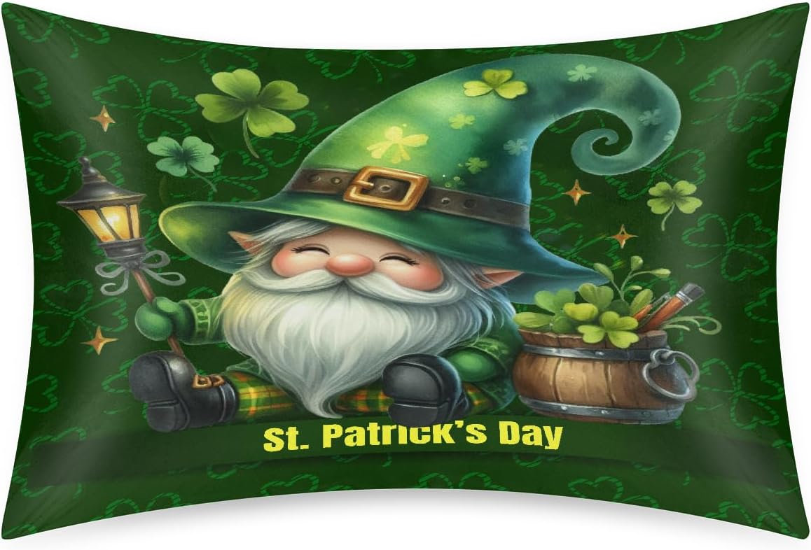 St. Patrick's Day Gnome 14 Satin Silk Pillowcase for Hair & Skin - Standard Size Soft Silk Pillow Case with Envelope Closure - Print…