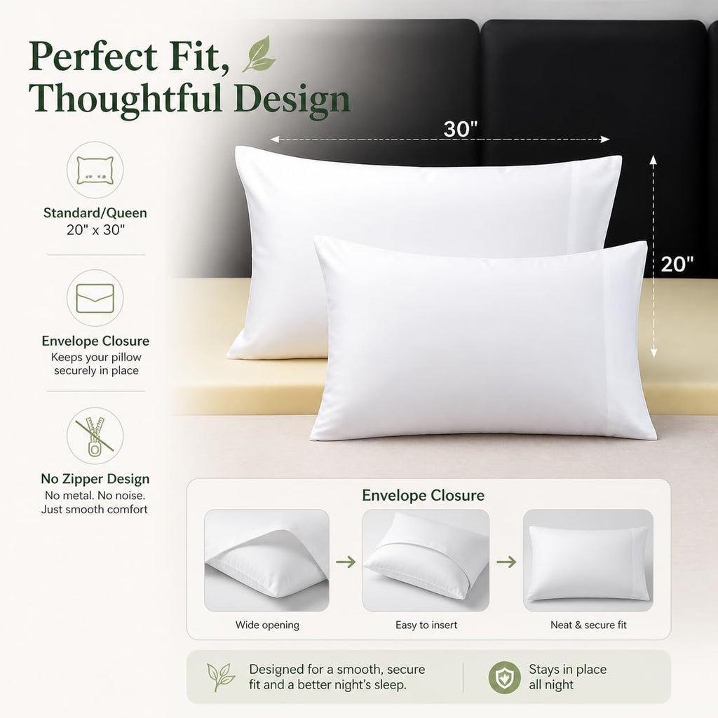 Evolive 100% Rayon Derived from Bamboo Material Cooling Breathable Standard/Queen Pillowcases Pillow Cover 20x30 inches Set of 2 with Envel…