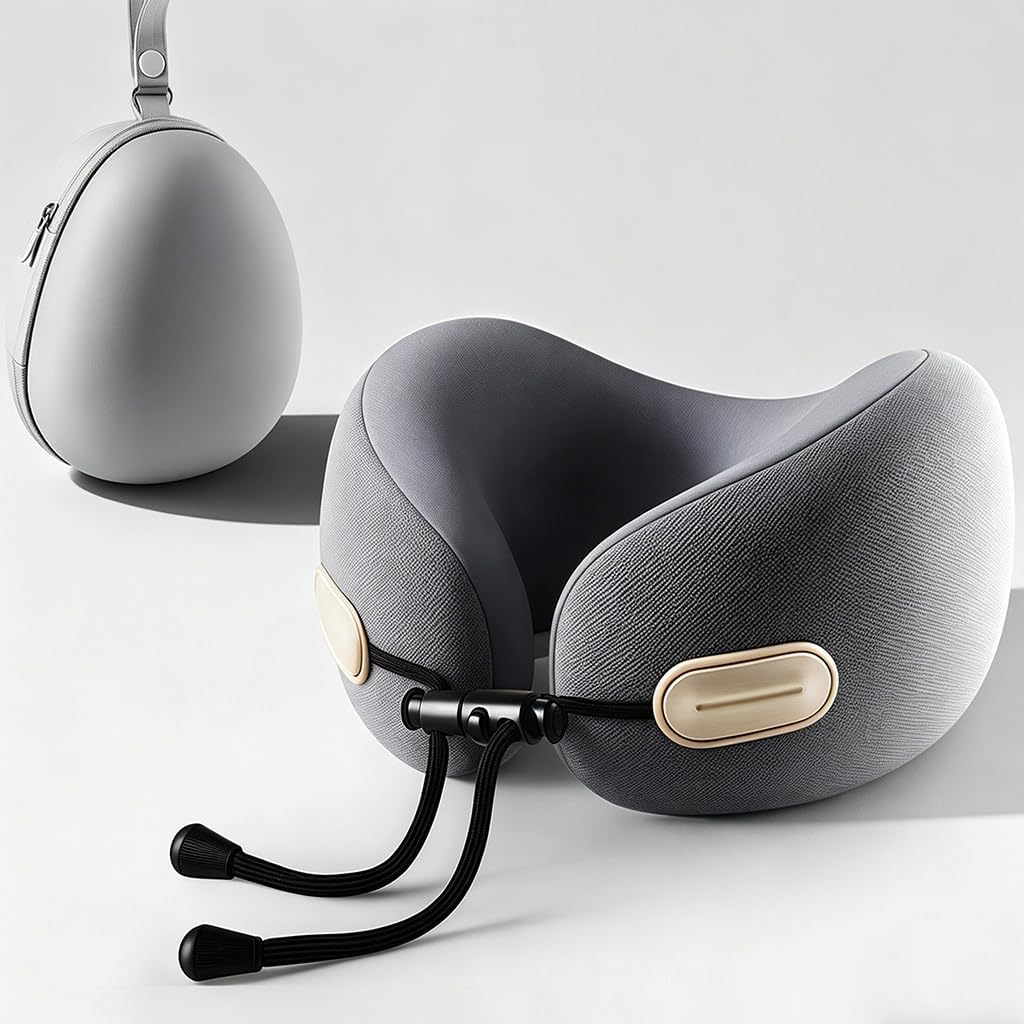 Ziurfys Travel Neck Pillow with Storage Case, 100% Pure Memory Foam, Airplane Head Support for Flight Sleeping, Portable, Gray Gray