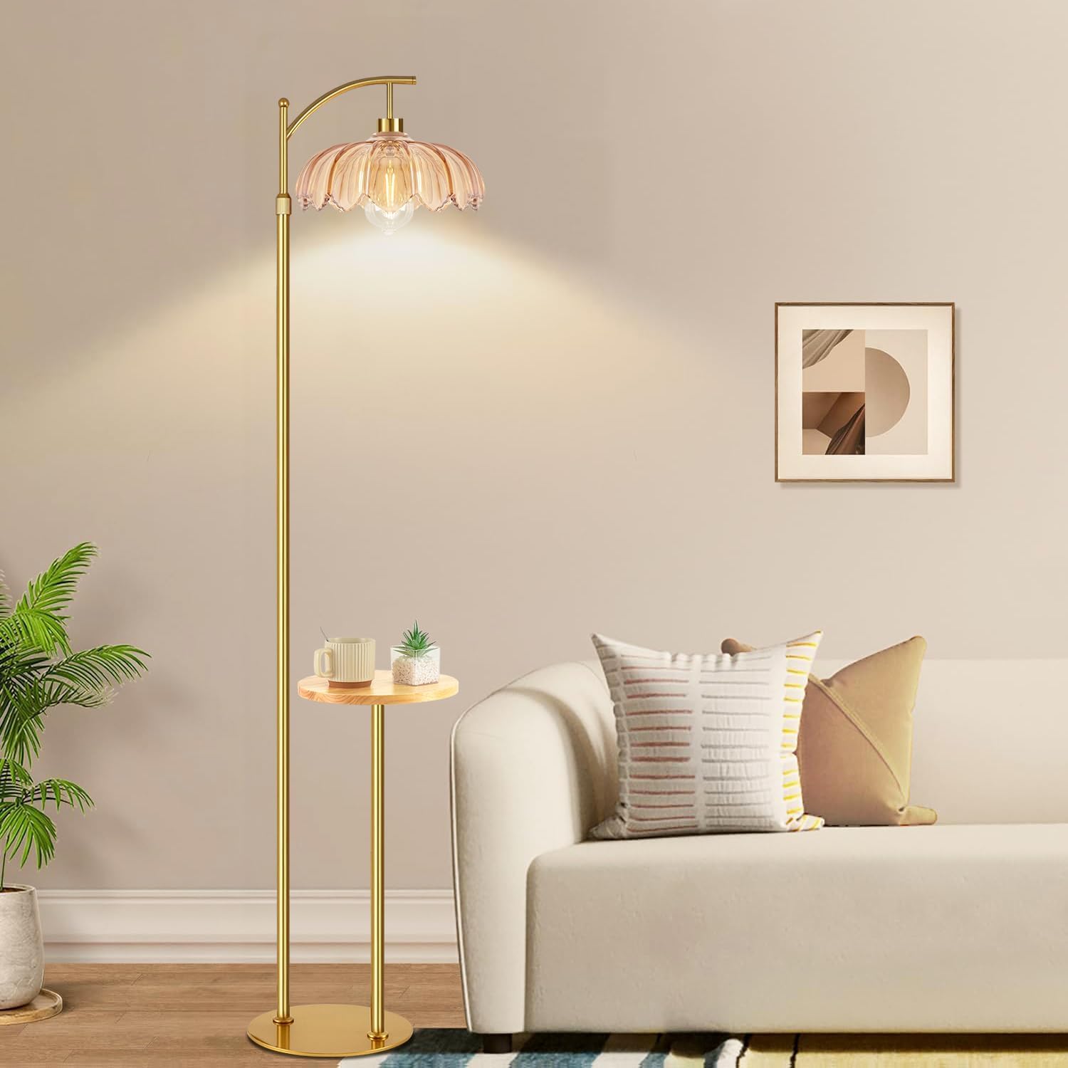 QIYIZM Gold Floor Lamp with Table and Shelves for Living Room Bedroom, Glass Standing Lamp with Remote Dimmable, Boho Brass Tall Lamp…