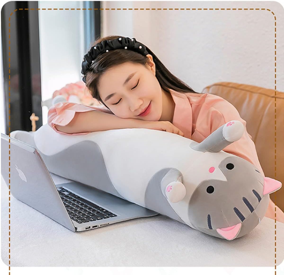 Rexinc Long Gray Cat Plush Pillow Toy Sleeping Pillow Cute Cartoon Cat Stuffed Animals Soft Long Body Pillow Gift for Kids(35.43in)