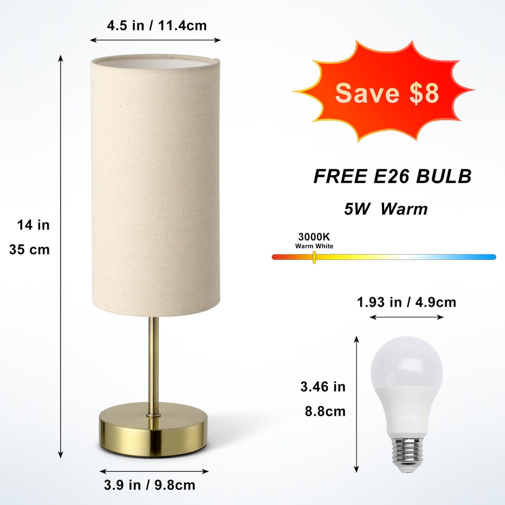 Small Side Table Lamp for Bedroom Night Stands, Round Linen Shade and Antique Brass Metal Base, Retro Minimalist Bedside Lamps for…