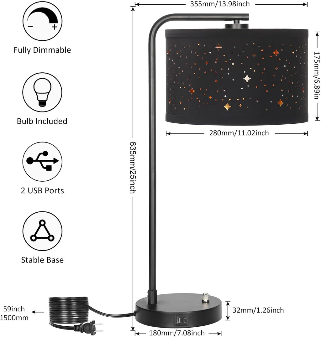 Bedside Table Lamp with USB C+A Ports, Fully Dimmable Modern Nightstand Side Lamps with Stars Shade, Tall Desk Reading Lamps for Living…