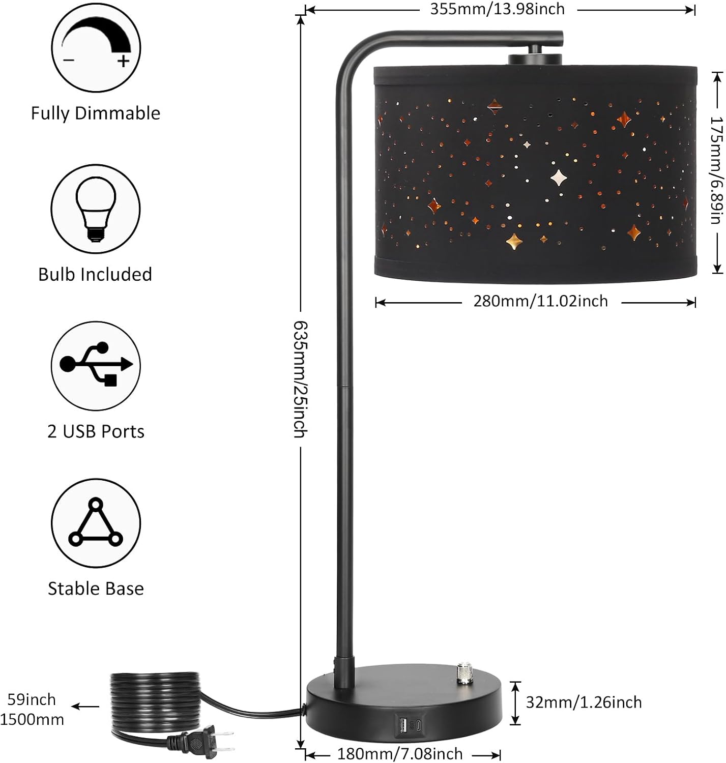 Bedside Table Lamp with USB C+A Ports, Fully Dimmable Modern Nightstand Side Lamps with Stars Shade, Tall Desk Reading Lamps for Living…