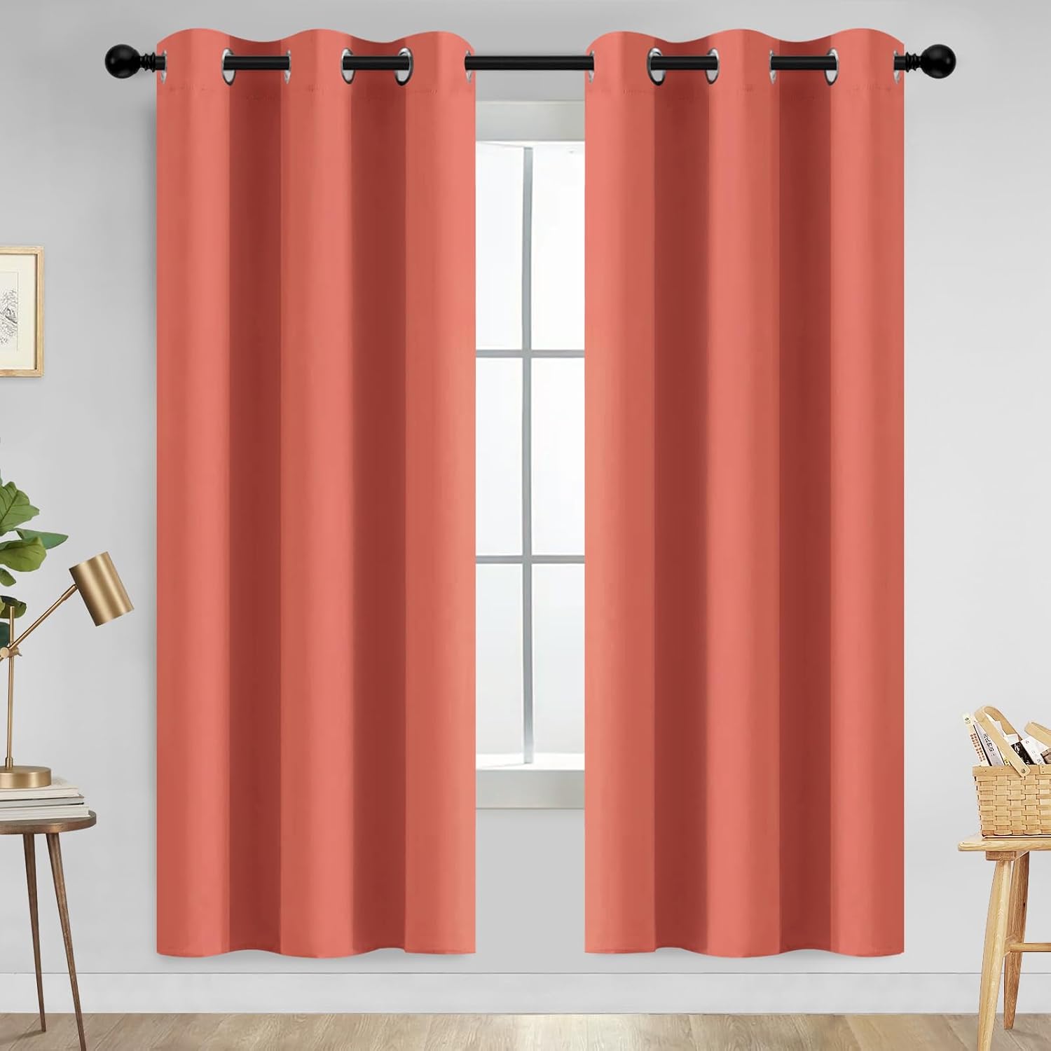 Yakamok Thermal Curtains Blackout Curtain Panels, Room Darkening Solid Grommet Top Window Drapes for Dedroom, 42x72 inch, Coral Orange, 2…