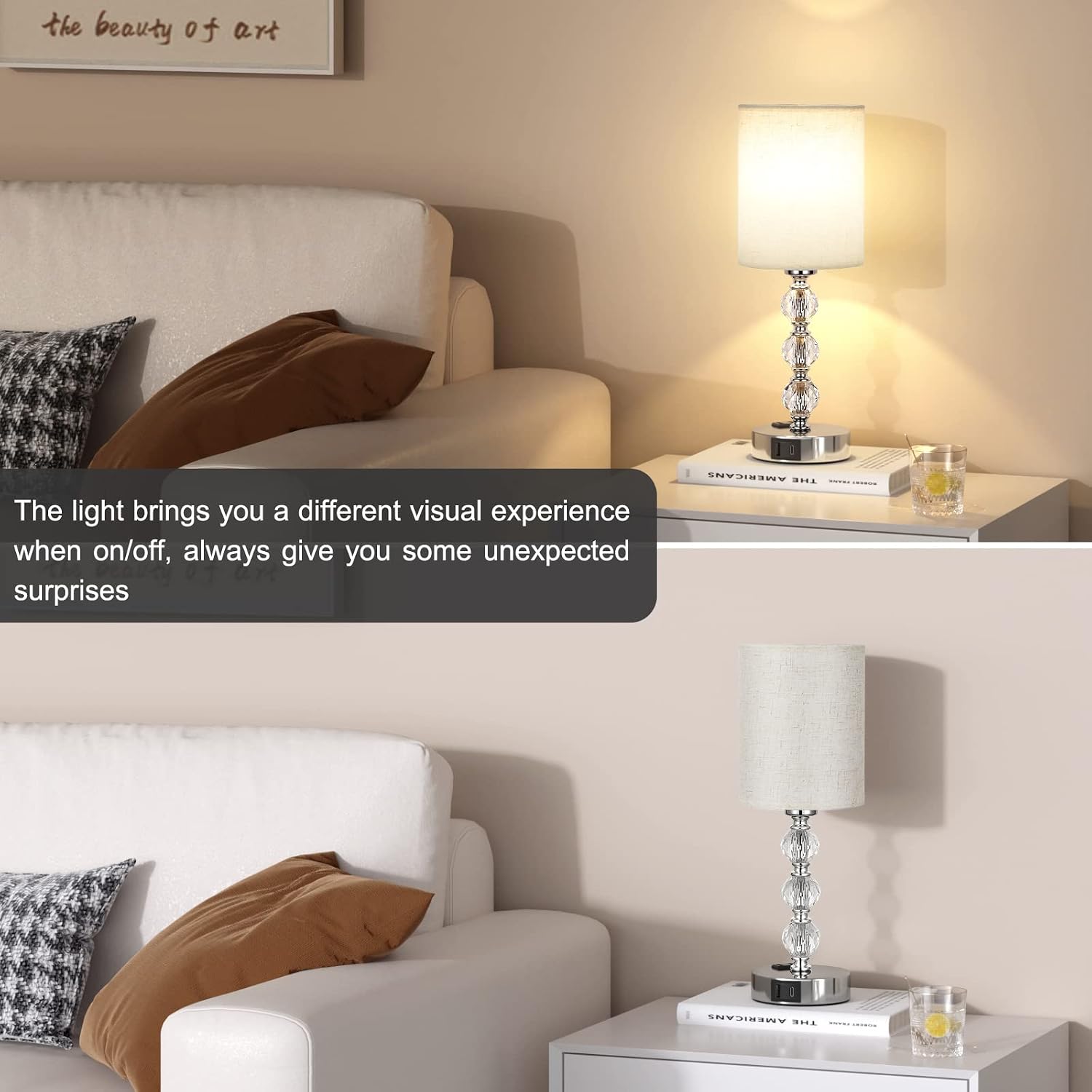 White Touch Bedside Lamps for Bedrooms - Crystal Table Lamp with USB C+A Charging Port and AC Outlet Nightstand, 3 Way Dimmable Silver…