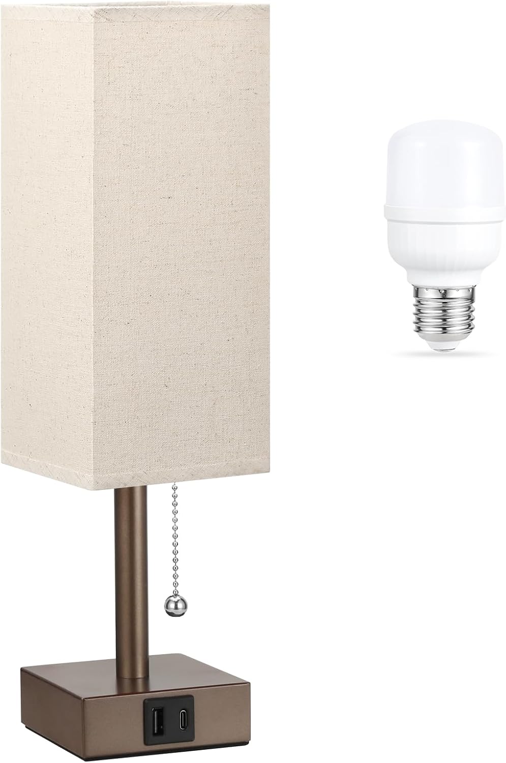 Aooshine Beige Small Table Lamp for Bedroom - 3 Color Temperature 3000K 5000K 4000K Bedside Lamp, Pull Chain Control, USB A and C Ports, Br…