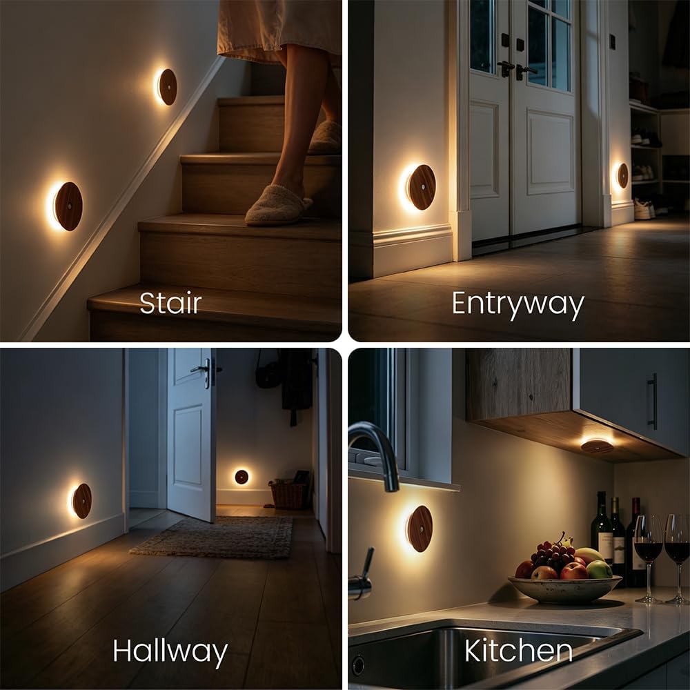 Motion Sensor Night Light Wood Rechargeable Battery-Powered Stick-On Step Lights Magnetic Closet Warm Nightlight for Hallway Bedroom…