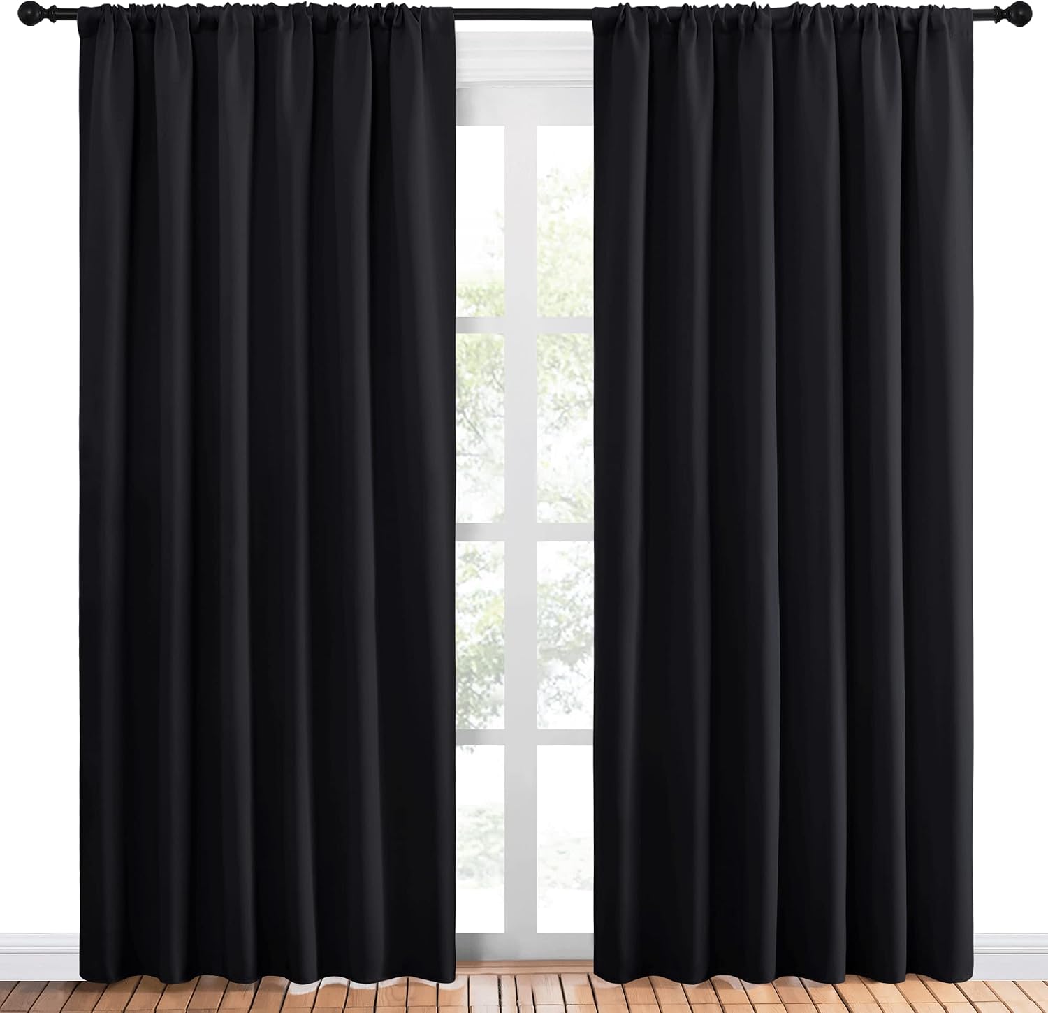 NICETOWN Black Blackout Curtain Blinds - Solid Thermal Insulated Window Treatment Blackout Drapes for Bedroom (2 Panels, 70 inches Wide…