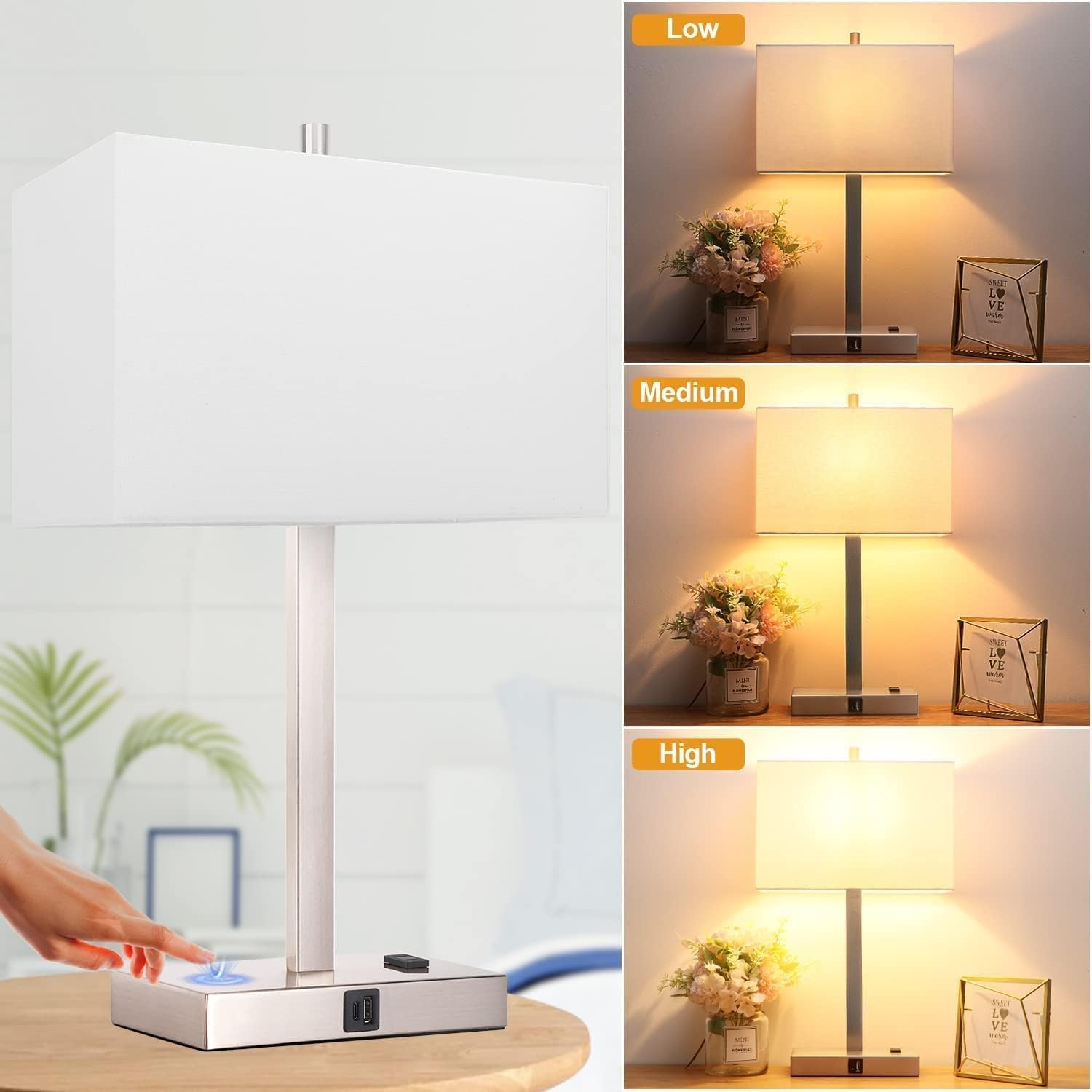 21" Touch Bedside lamps with 2 USB & AC Outlets, 3-Way Dimmable Bedside Table Lamps Set of 2 for Bedroom Living Room Office Reading…