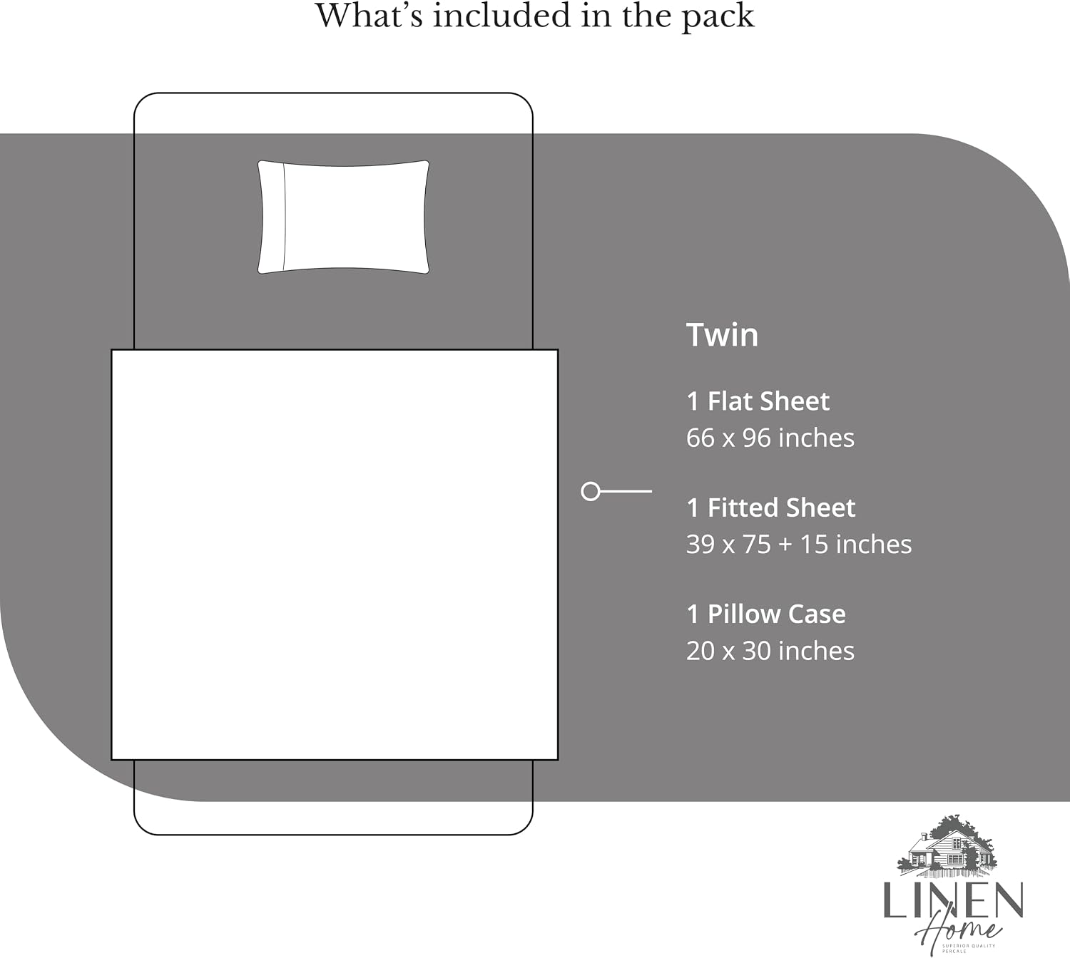 Linen Home 100% Cotton Percale Sheets Twin Size, Smoky Charcoal, Deep Pocket, 3 Pieces Set - 1 Flat, 1 Deep Pocket Fitted Sheet and 1…