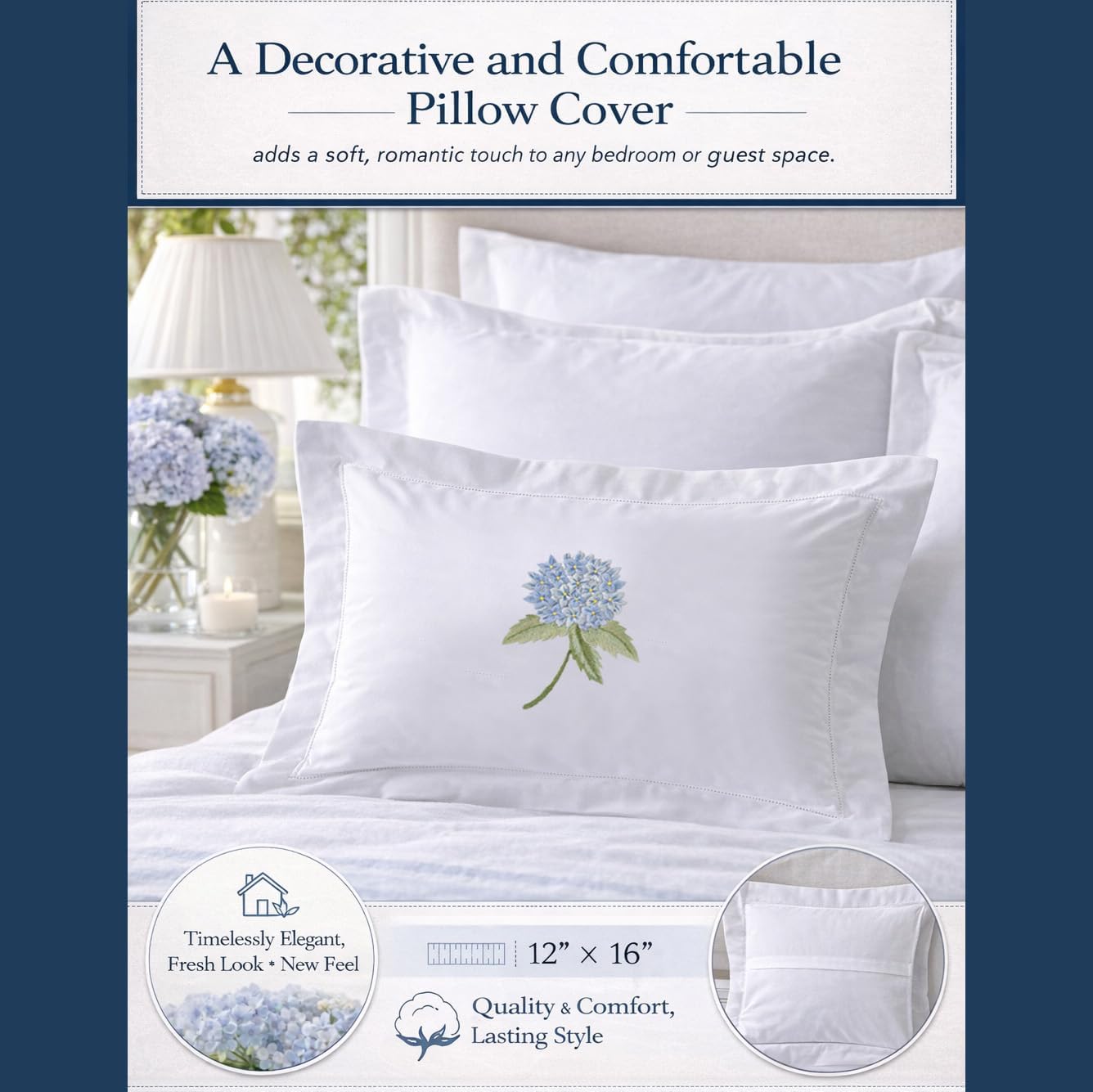 Jacaranda Living Embroidered Boudoir Pillow Cover, 12x16 Decorative Linen Accent Cushion Cover, Cotton Percale, Elegant Floral Design for…