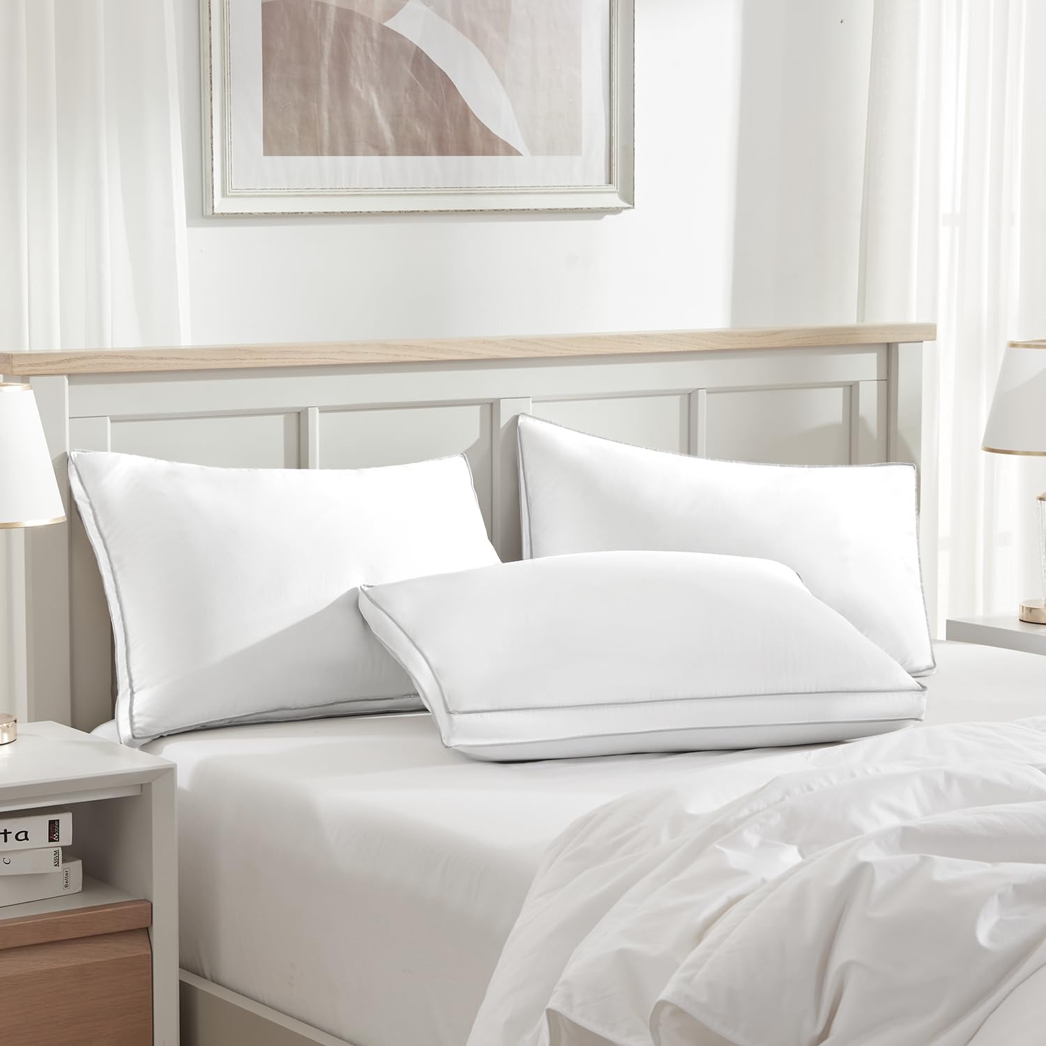Globon Luxury Feather Down Pillow King Size, Firm Gusseted Bed Pillows for Sleeping, Hotel Collection Fluffy Pillow, 18"X34", Set of 2 White