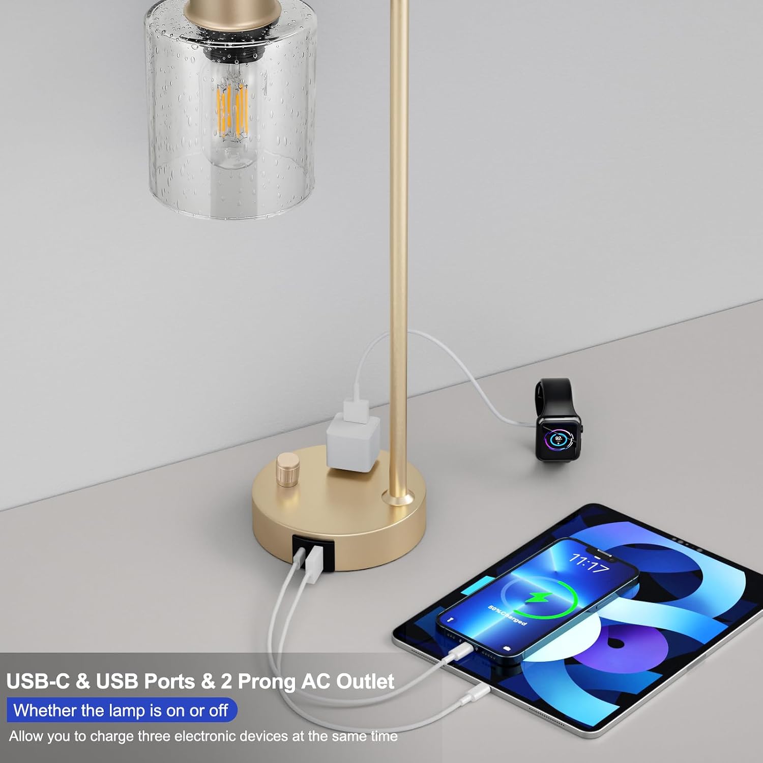 Innqoo Champagne Gold Industrial Bedside Table Lamp for Bedroom - Nightstand Lamps with USB C Charging Port, Fully Dimmable Black Ports…