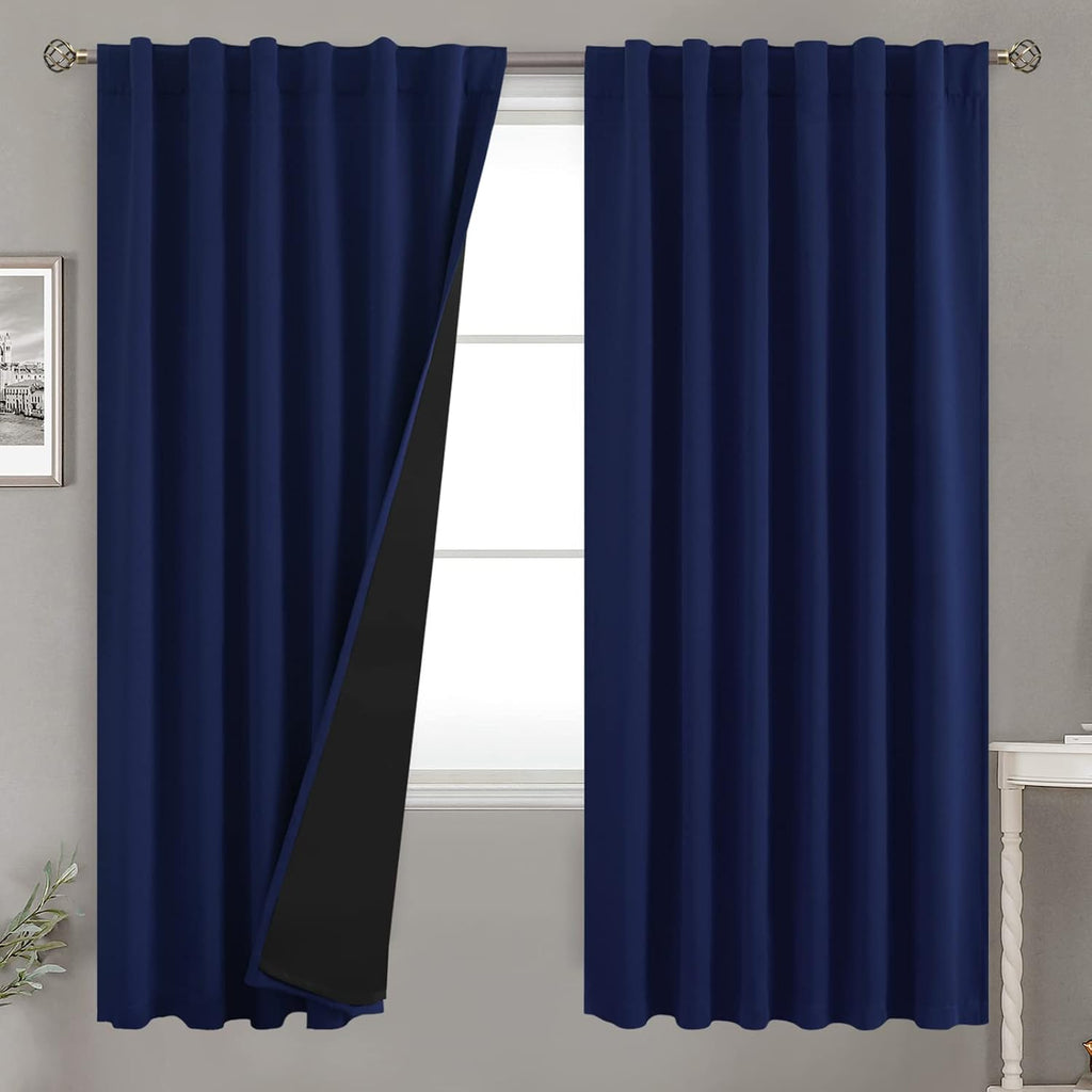 BGment Navy Blue 100% Blackout Curtains 72 Inches Long with Black Liner, Rod Pocket and Back Tab Double Layer Full Room Darkening Thermal…