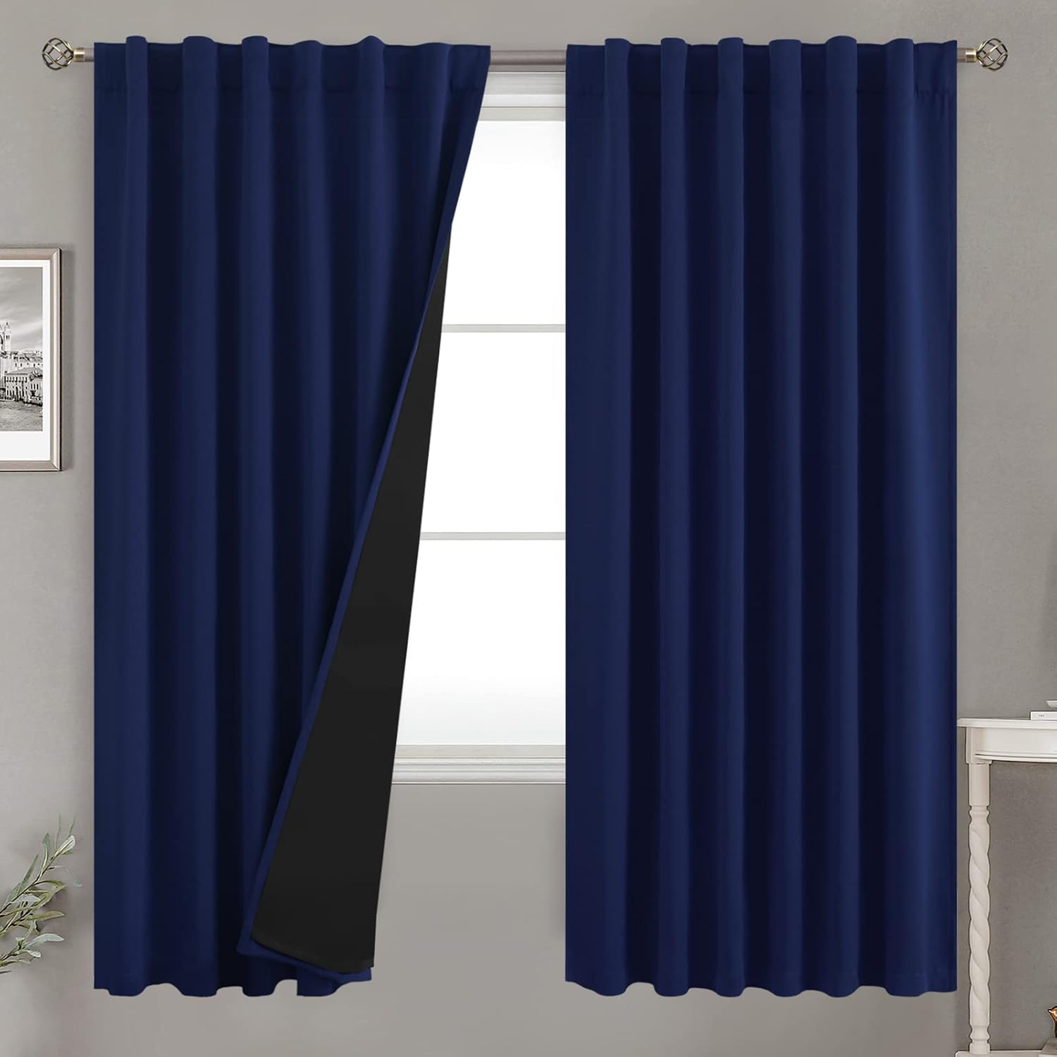 BGment Navy Blue 100% Blackout Curtains 72 Inches Long with Black Liner, Rod Pocket and Back Tab Double Layer Full Room Darkening Thermal…