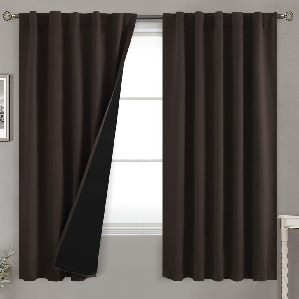 BGment Brown 100% Blackout Curtains 63 Inches Long with Reducing Noise Liner, Insulated Double Layer Full Room Darkening Rod Pocket and…