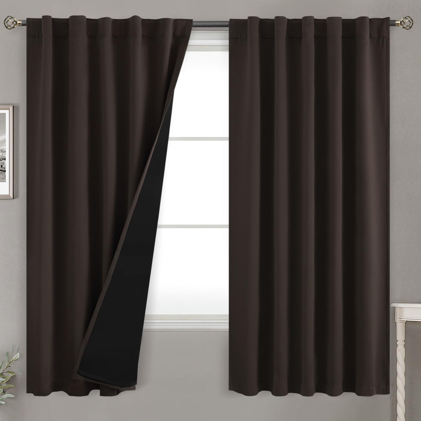 BGment Brown 100% Blackout Curtains 63 Inches Long with Reducing Noise Liner, Insulated Double Layer Full Room Darkening Rod Pocket and…