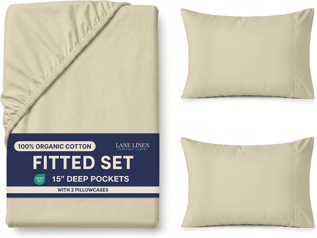 LANE LINEN Fitted Sheet Full Size, 100% Organic Cotton, 3Pc Set (1 Fitted Sheet, 2 Pillowcases), Percale Weave, Full Bed Fitted Sheets…