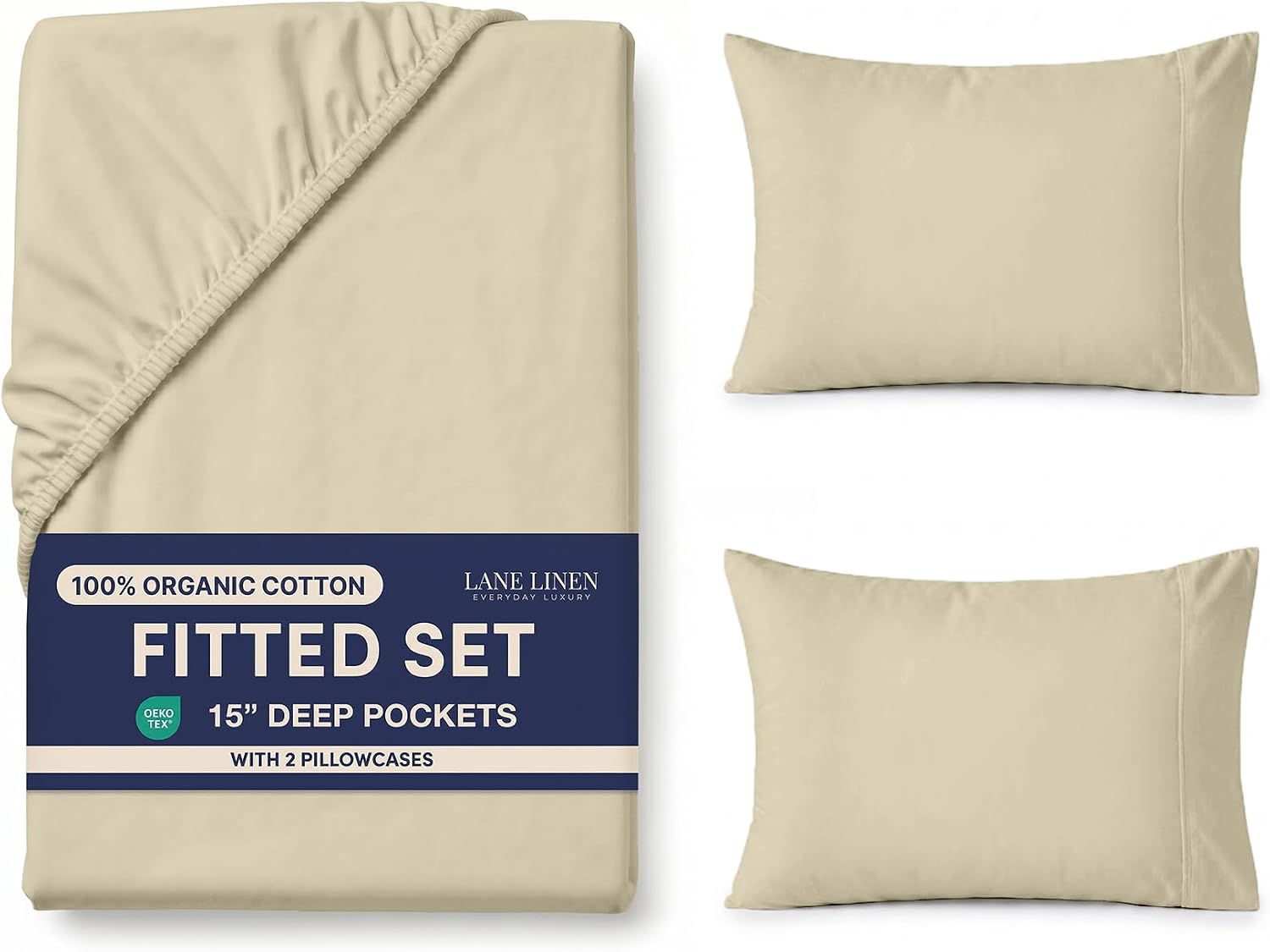 LANE LINEN Fitted Sheet Full Size, 100% Organic Cotton, 3Pc Set (1 Fitted Sheet, 2 Pillowcases), Percale Weave, Full Bed Fitted Sheets…